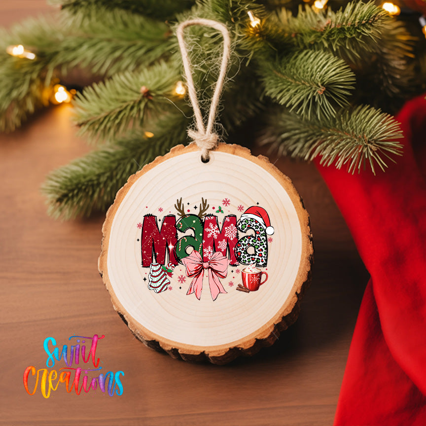 A wooden ornament with the word "Merry" written on it, hanging on a Christmas tree.