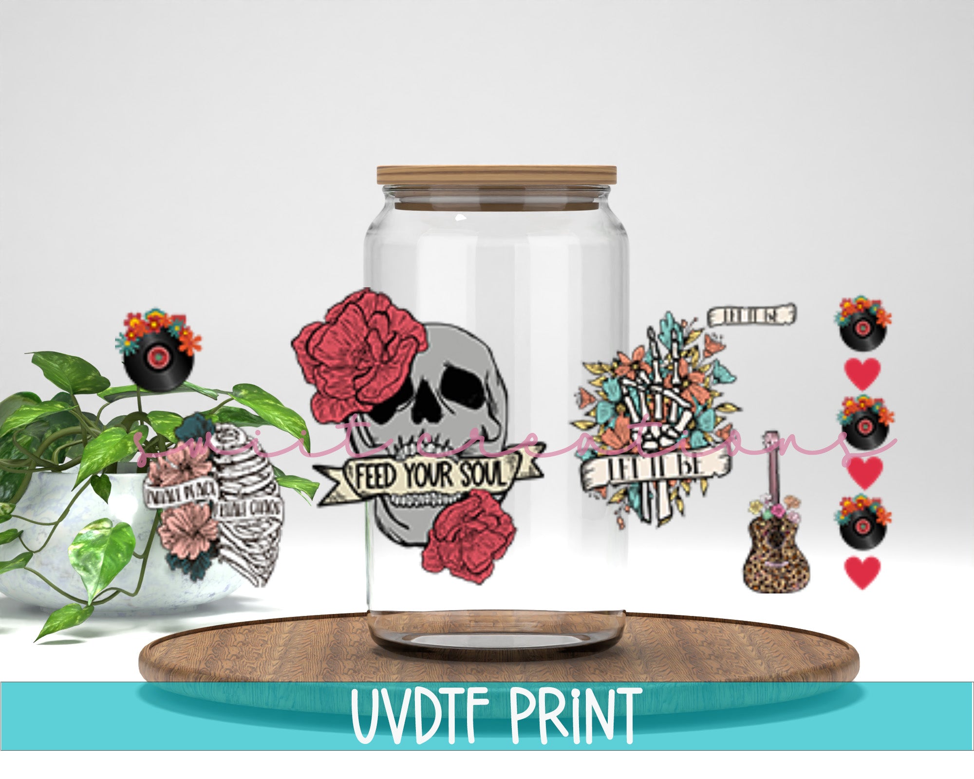 a jar with some flowers and a skull on it
