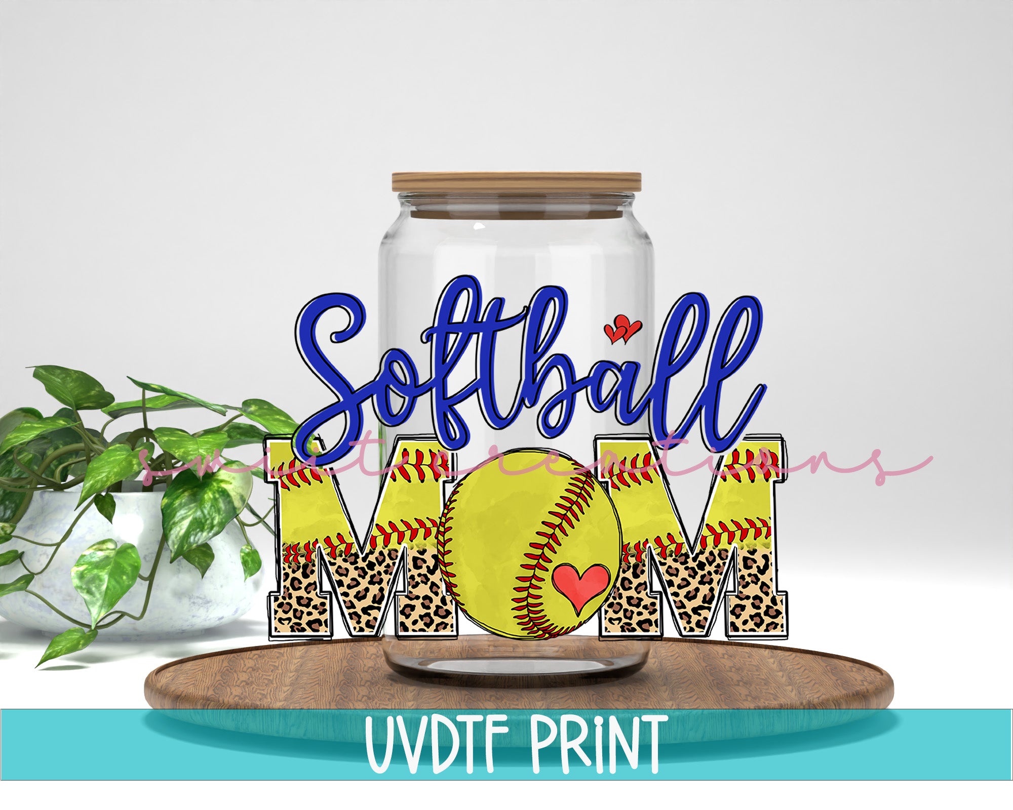 a glass jar with a softball mom on it