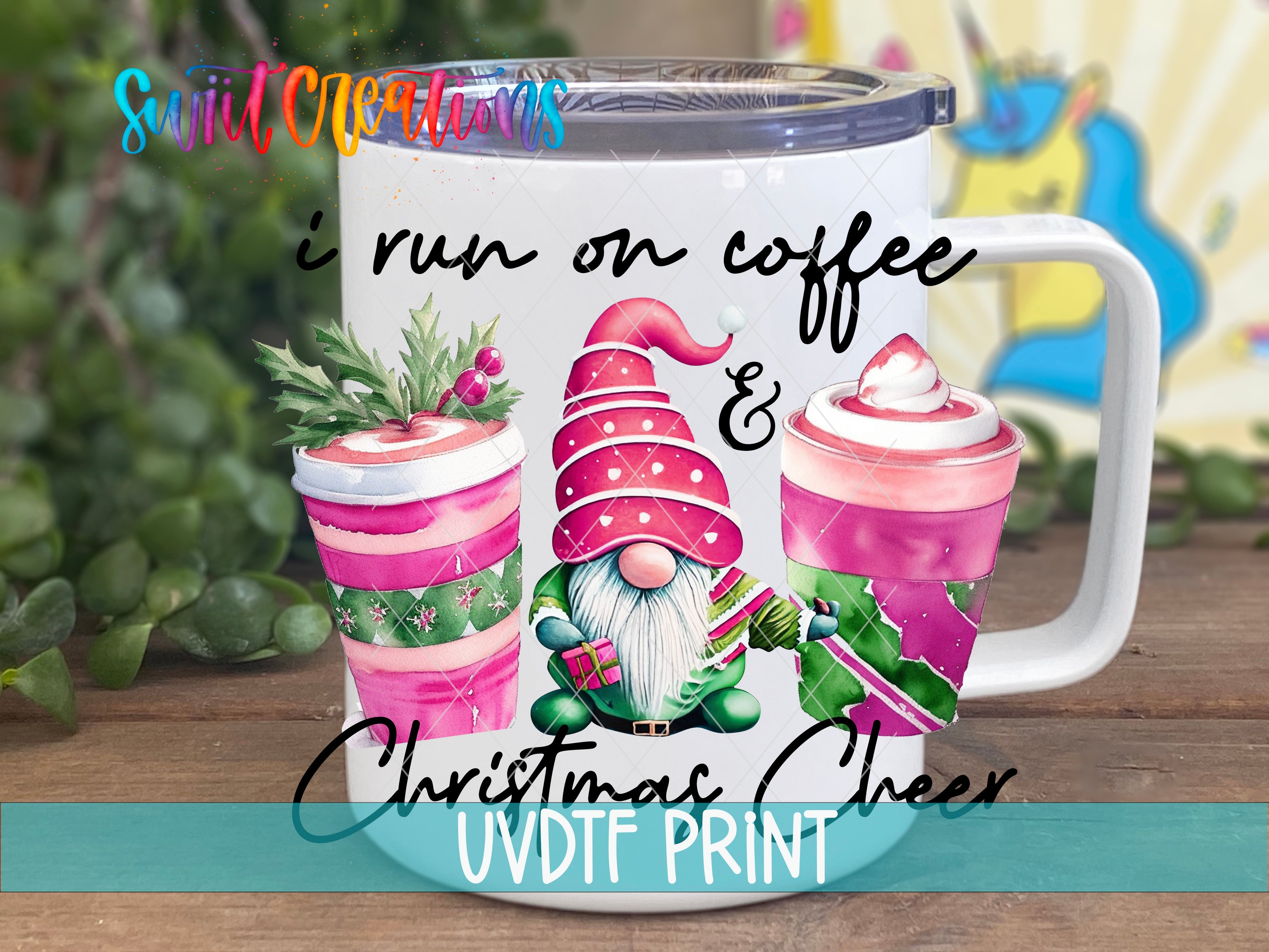 a white coffee mug with a pink gnome on it
