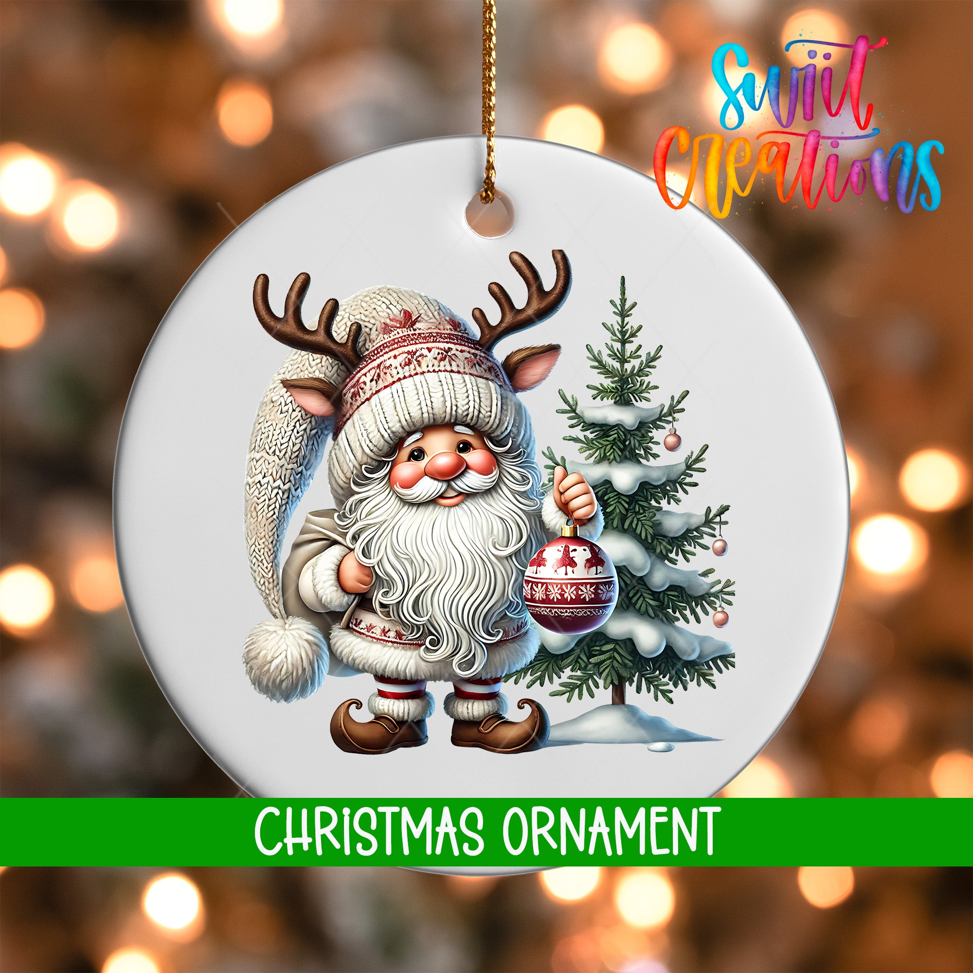 A Christmas ornament featuring a Santa Claus figure with antlers and a Christmas tree, with the text "Christmas Ornament" below the image.