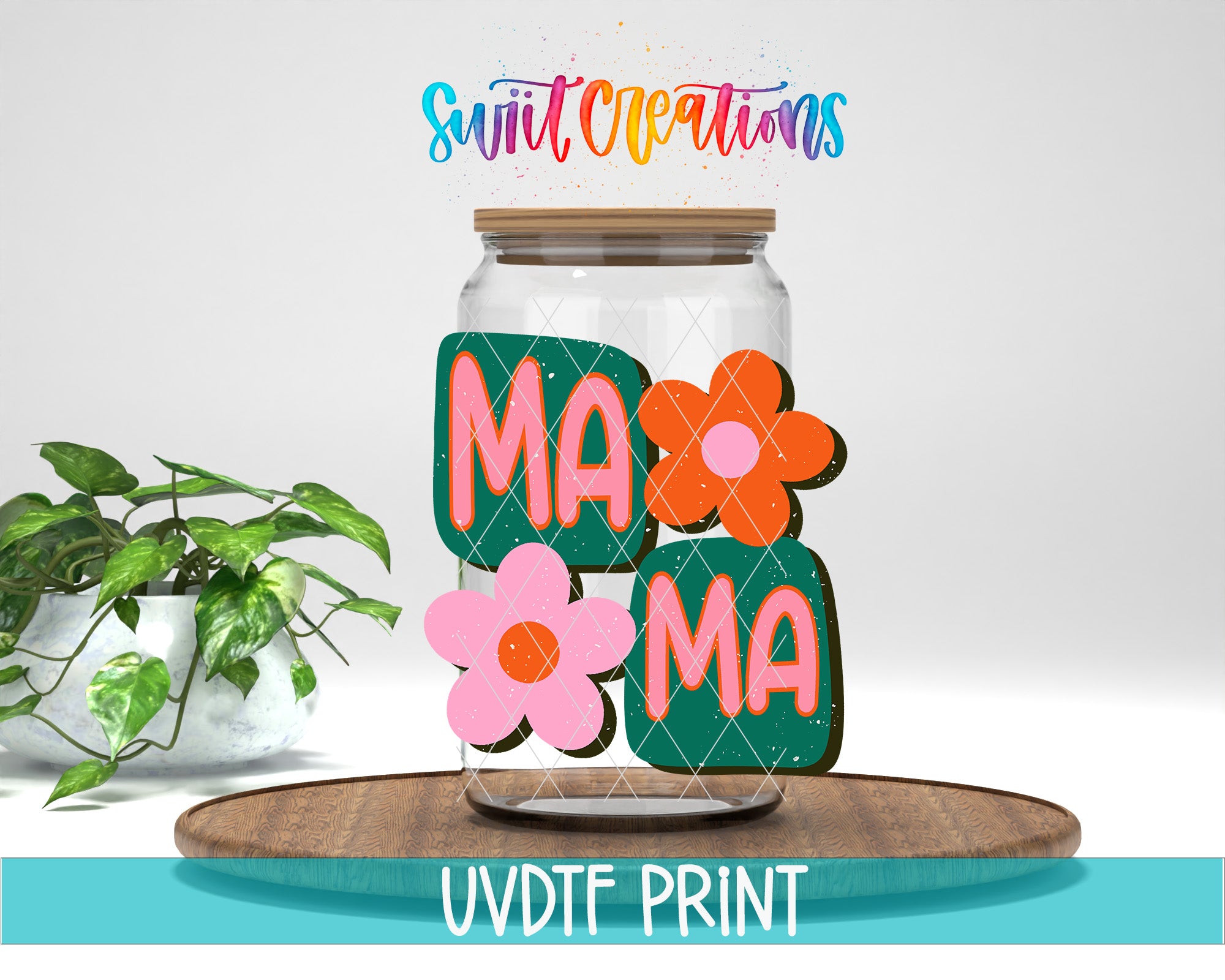 a glass jar with the word "MA" written on it, surrounded by colorful flower-shaped stickers. The jar is placed on a wooden surface, and there is a potted plant in the background.