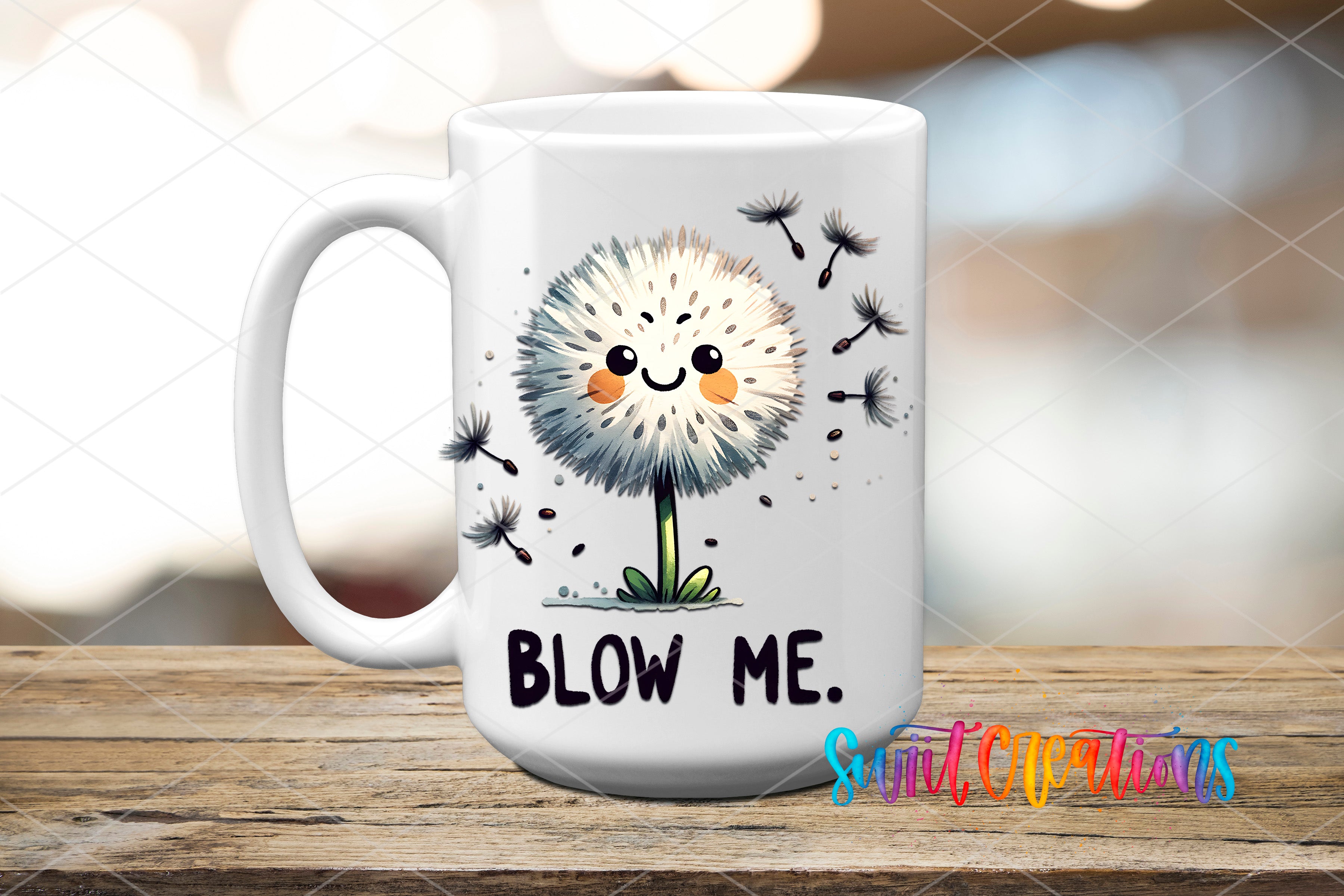 A white ceramic mug with a cartoon dandelion design and the text "BLOW ME" printed on it.