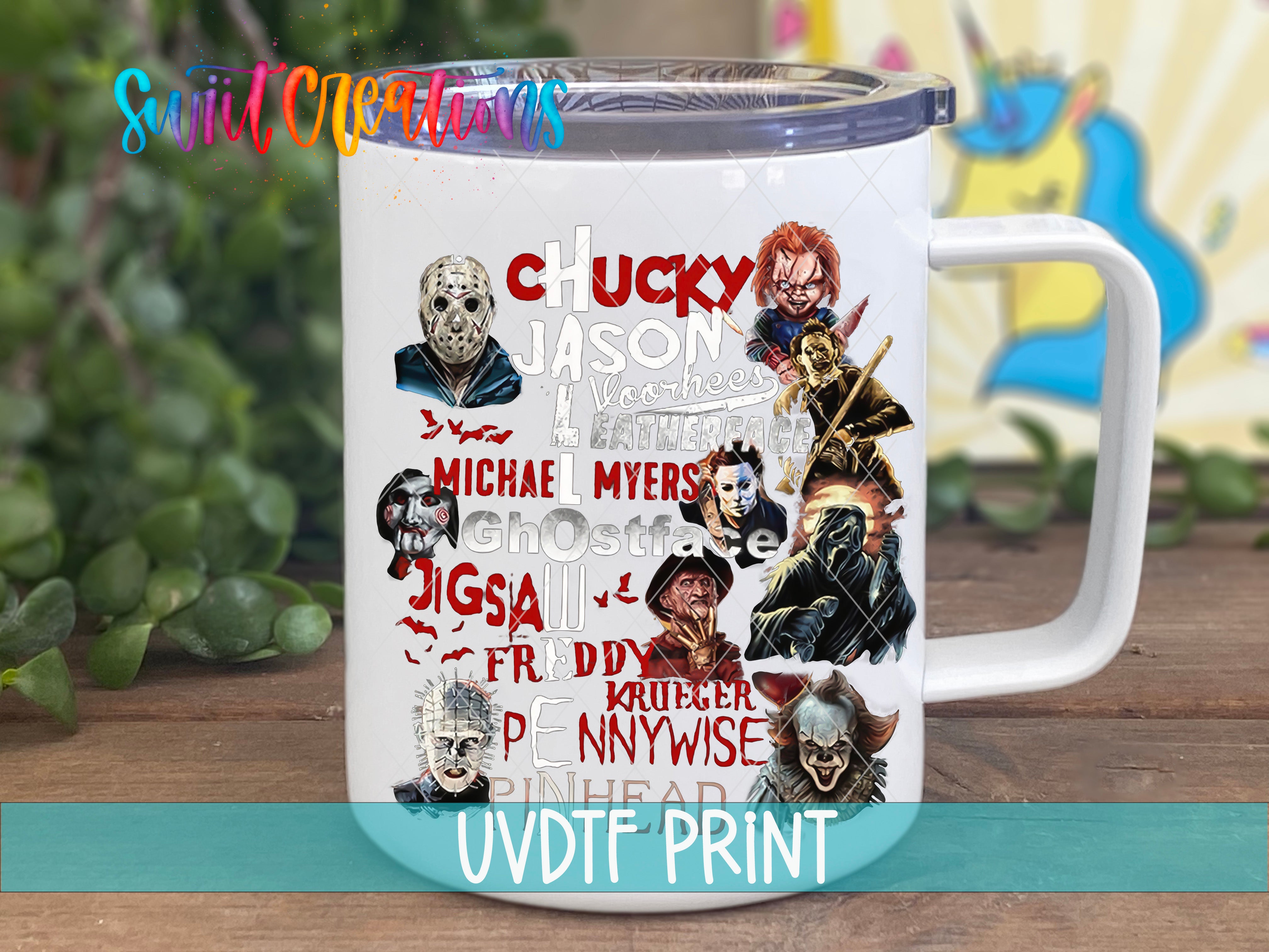 a white coffee mug with a bunch of characters on it