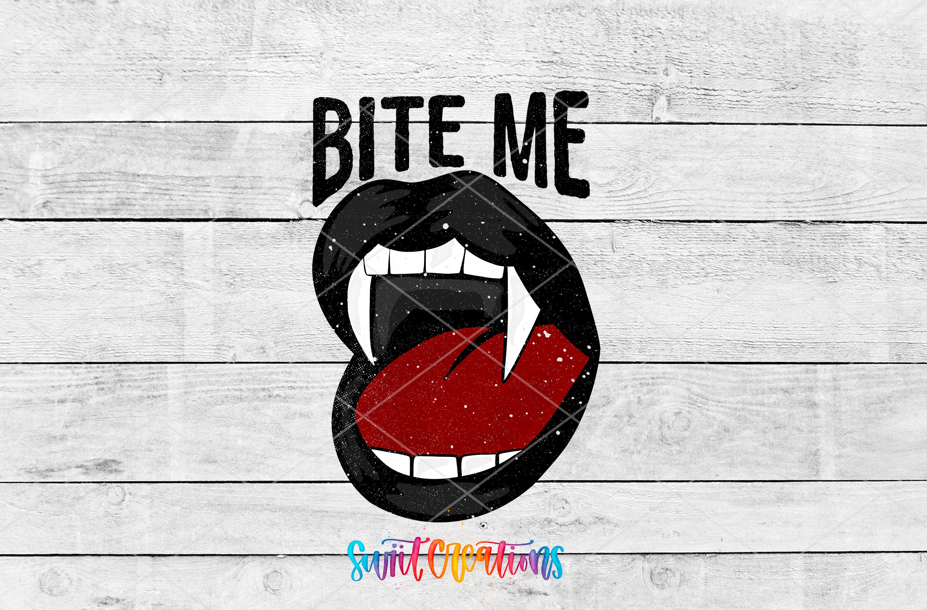 a close-up of a mouth with fangs and sharp teeth, accompanied by the text "BITE ME" in bold letters.
