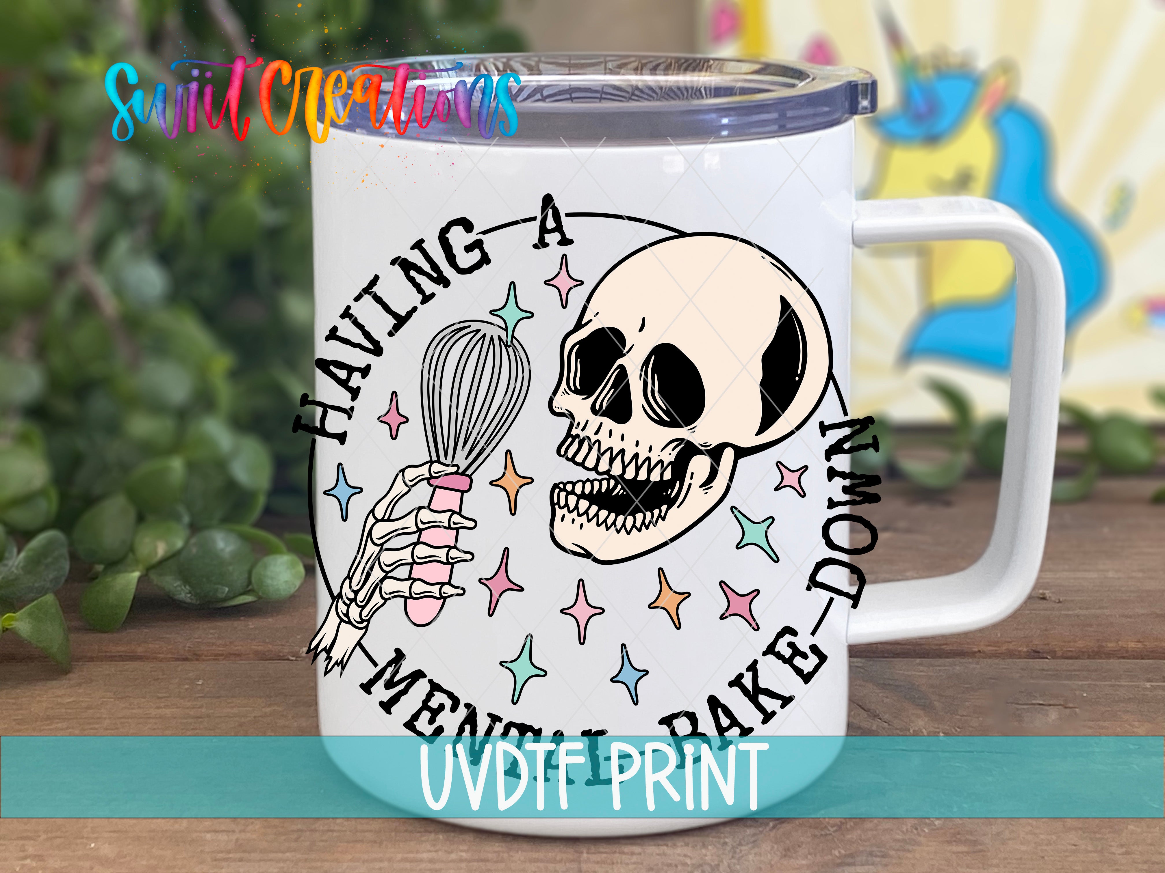 a white coffee mug with a skull holding a whisk