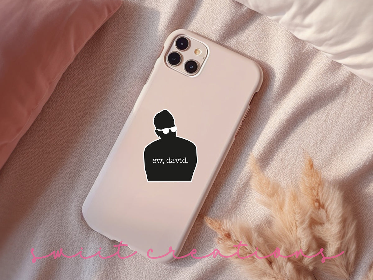 Ew David Silhouette sticker on a pink phone case