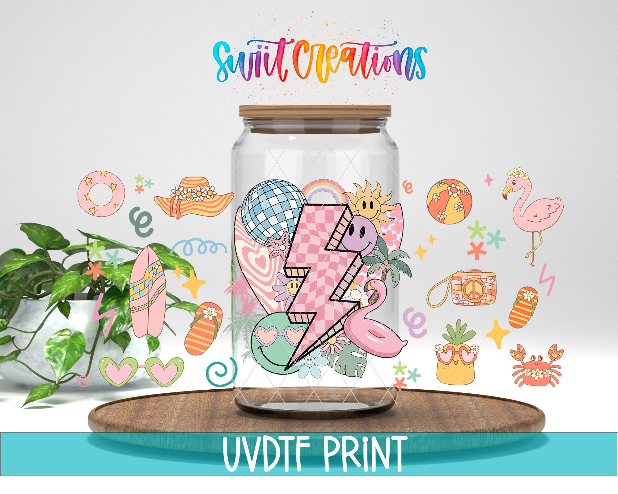 The image is a colorful and whimsical collage featuring various illustrations and objects, including a glass jar with a lid, a potted plant, and a wooden tray. The text "Swift Creations" is written above the jar, and "UVDF PRINT" is written at the bottom of the image.