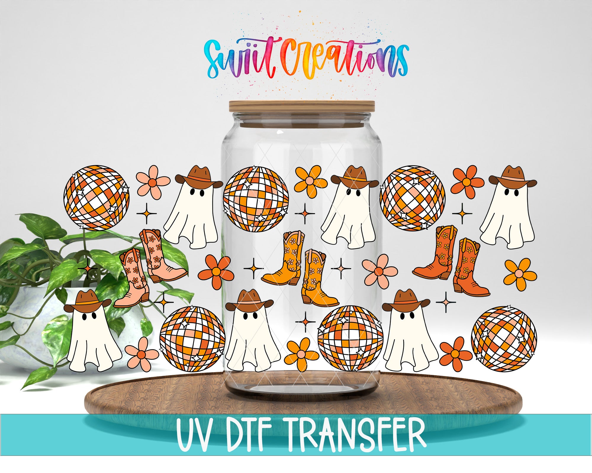 a glass jar with various cartoon-style illustrations of ghostly figures, disco balls, cowboy boots, and flowers on it, along with the text "Swit Creations" and "UV Dtf Transfer".