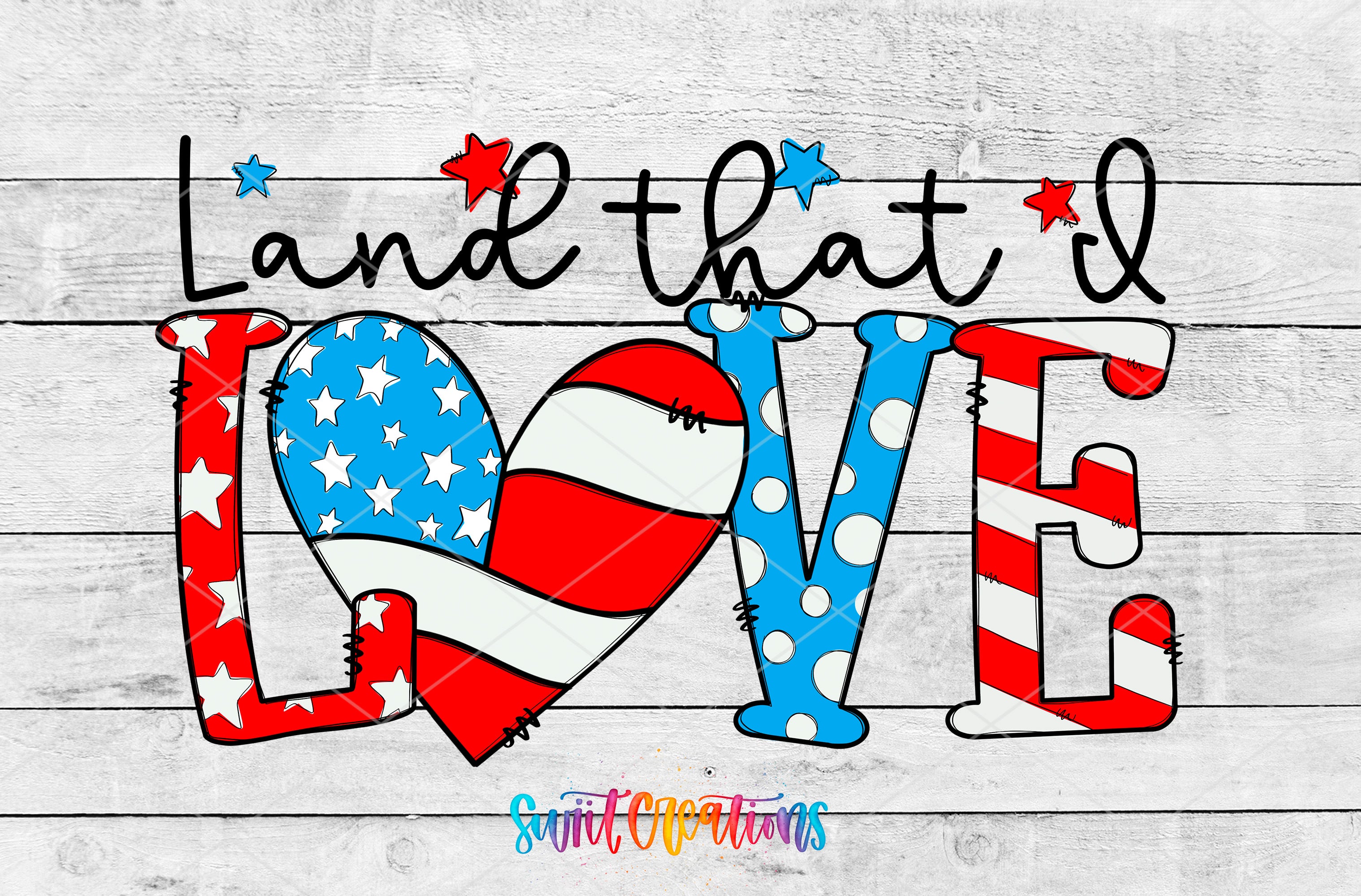 a patriotic design with the text "Land that I Love" and an American flag motif.