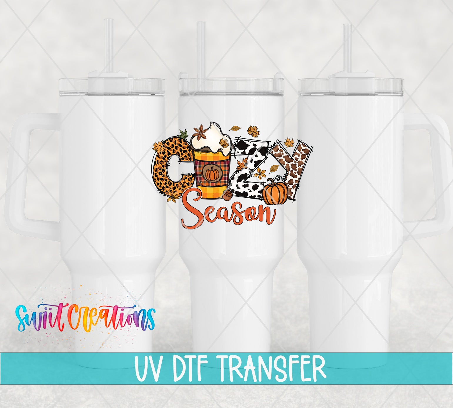 three white tumblers with a colorful design on them, including a pumpkin and a cow, along with the text "Cozy Season" and "UV DFT TRANSFER".