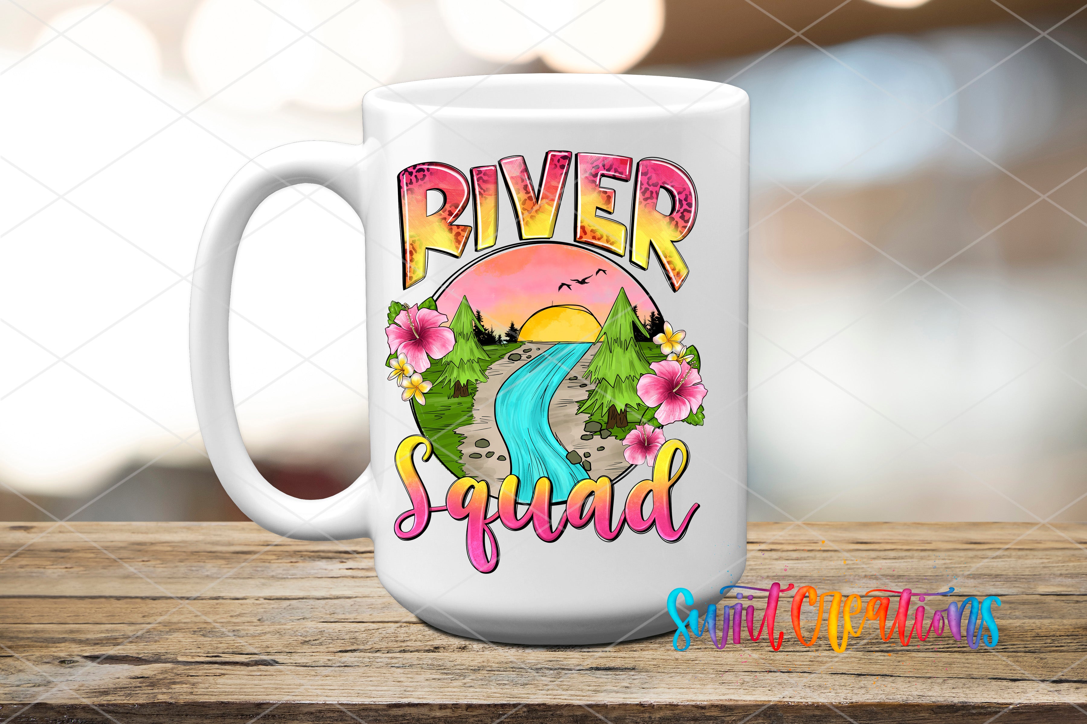 Swiit Creations UV DTF River Squad transfer applied to a white ceramic mug