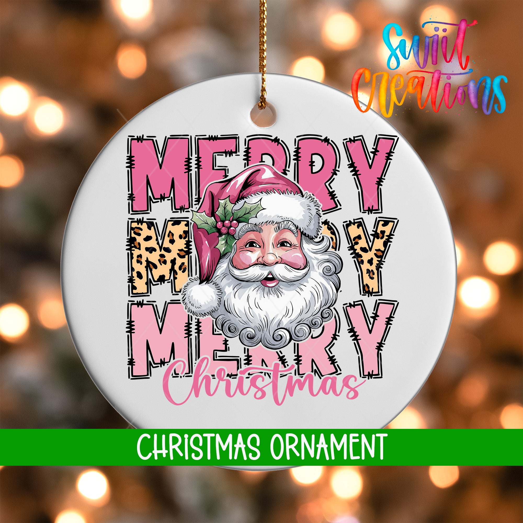 A Christmas ornament with a Santa Claus face and the text "MERRY MERRY CHRISTMAS" printed on it.