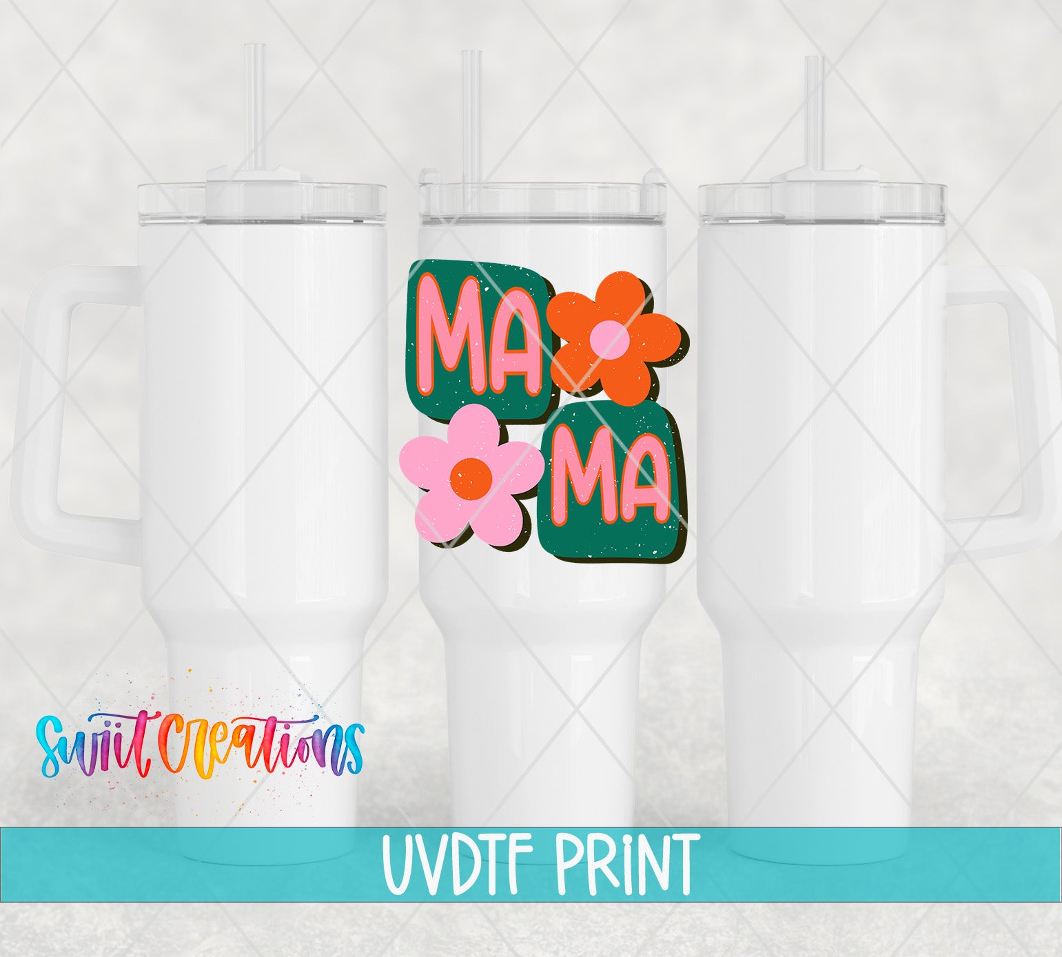 three white tumblers with colorful flower designs on them, along with text indicating that they are UVDF Prints.