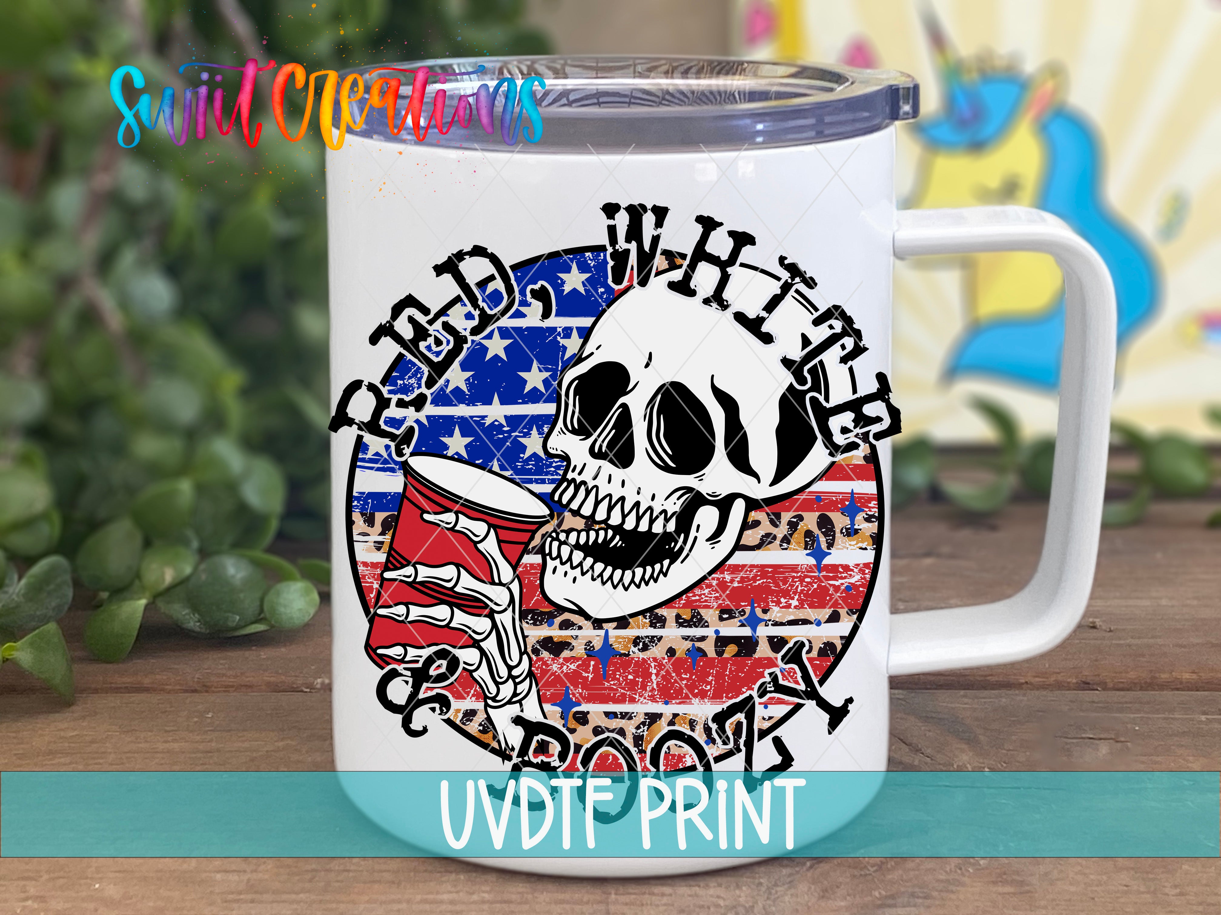 a white coffee mug with a skull and american flag on it
