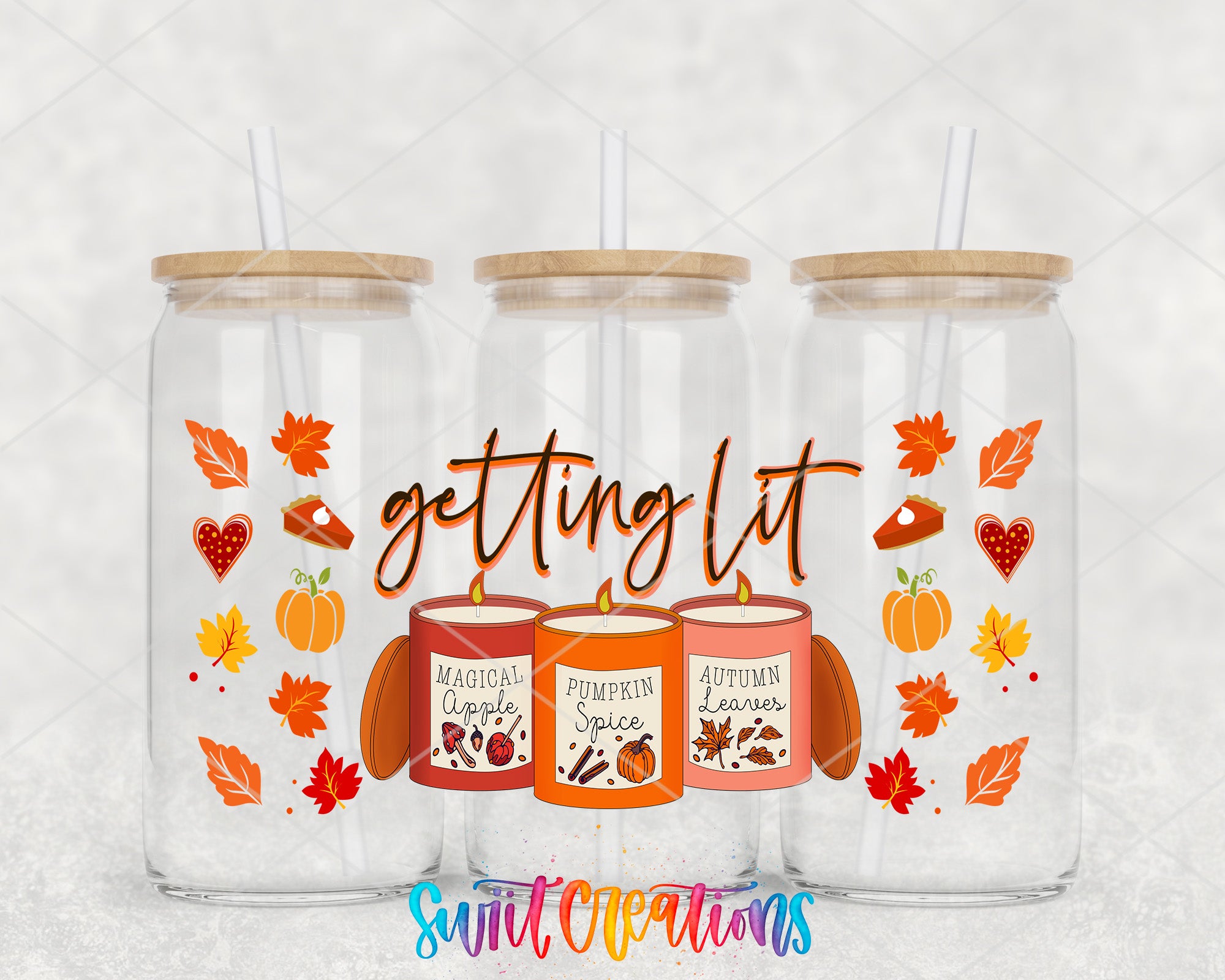 three glass jars with autumn-themed labels, including "MAGICAL APPLE SPICE", "PUMPKIN SPICE", and "AUTUMN LEANER". The jars are decorated with leaves, pumpkins, and other fall-themed illustrations. The phrase "getting lit" is written above the jars, and the image is described as a "collage of multiple images" and "SWIT CREATIONS".