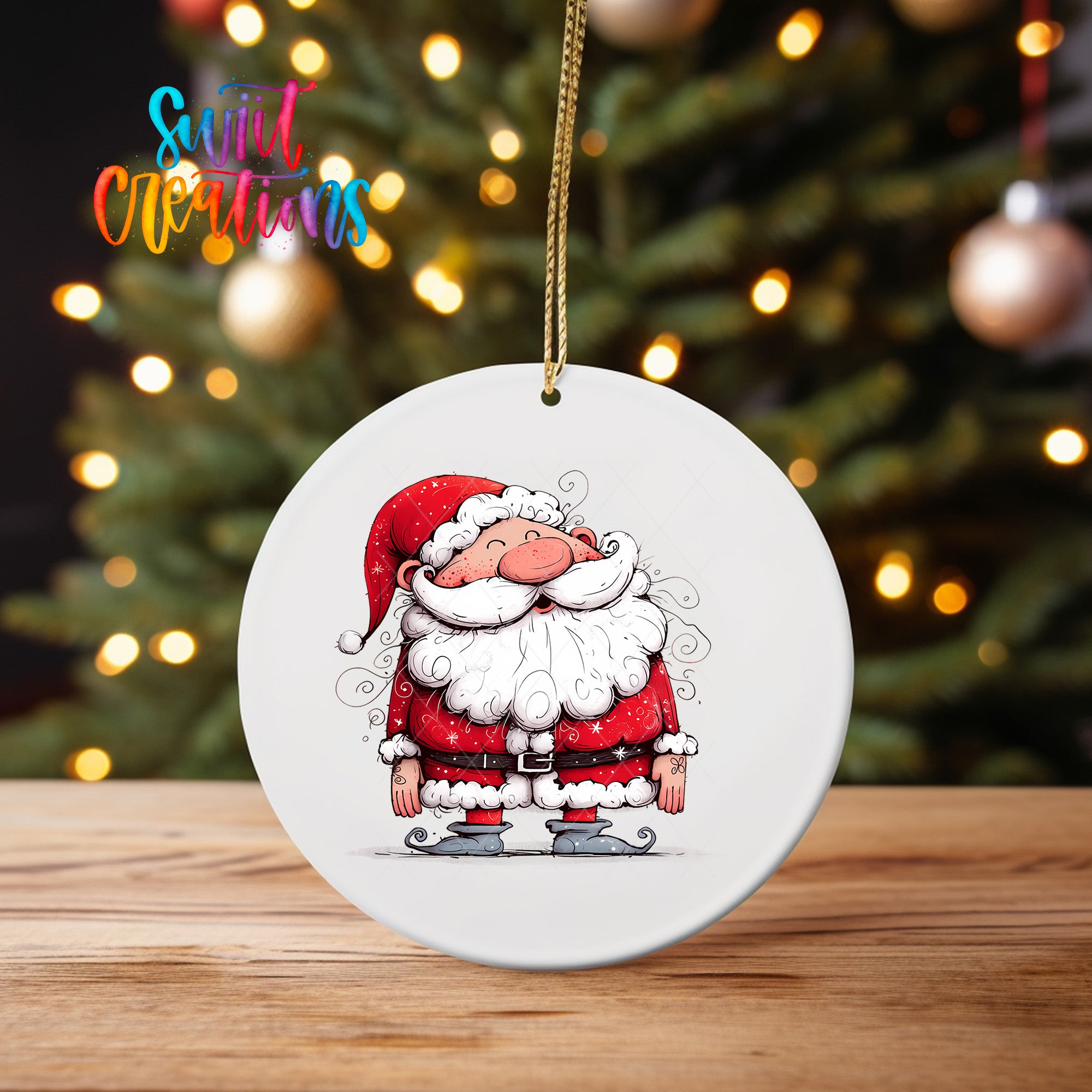 A white ceramic ornament featuring a cartoon illustration of Santa Claus with a red suit, white beard, and a red hat, hanging on a string.