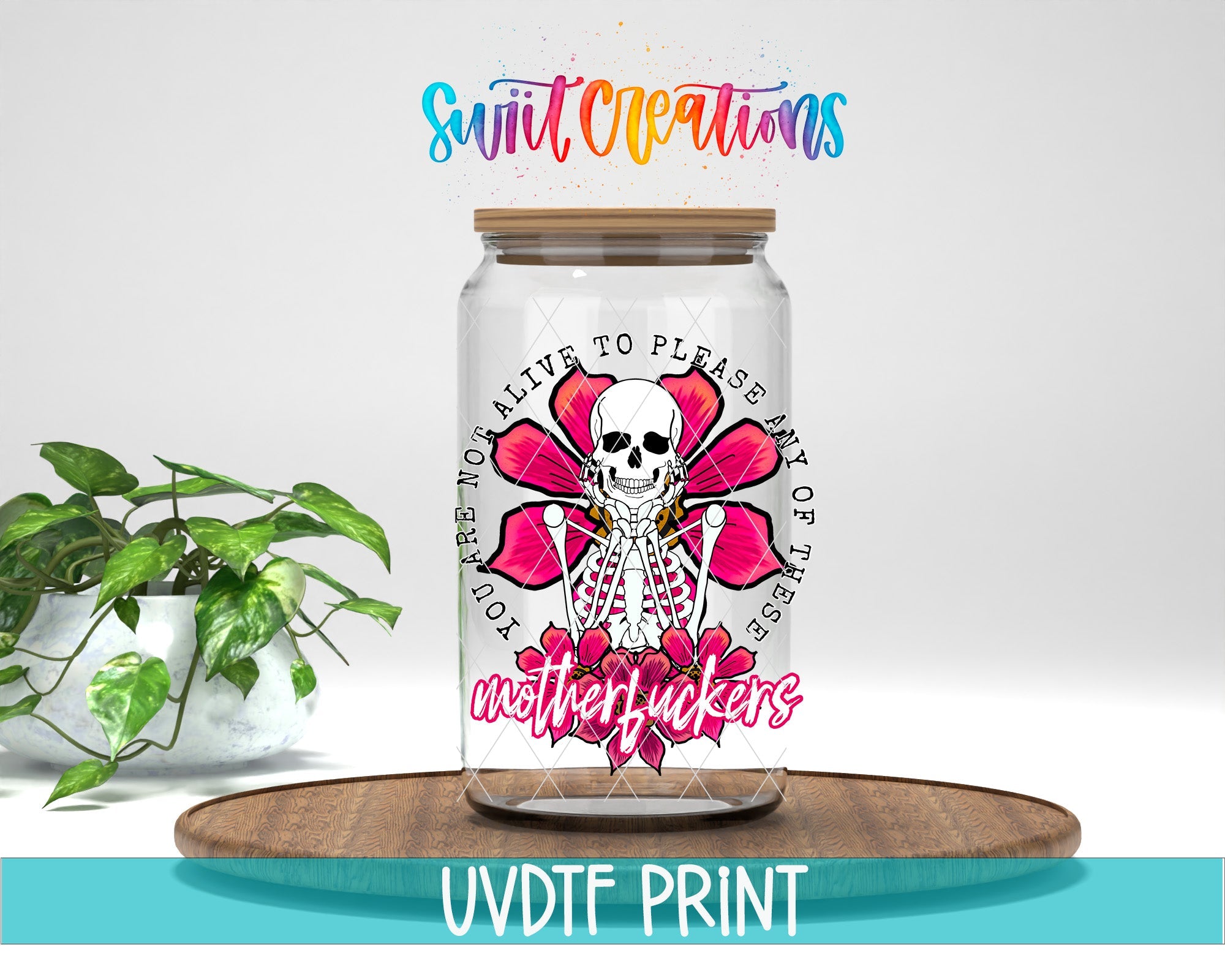 a jar with a skull on it and a plant in the background