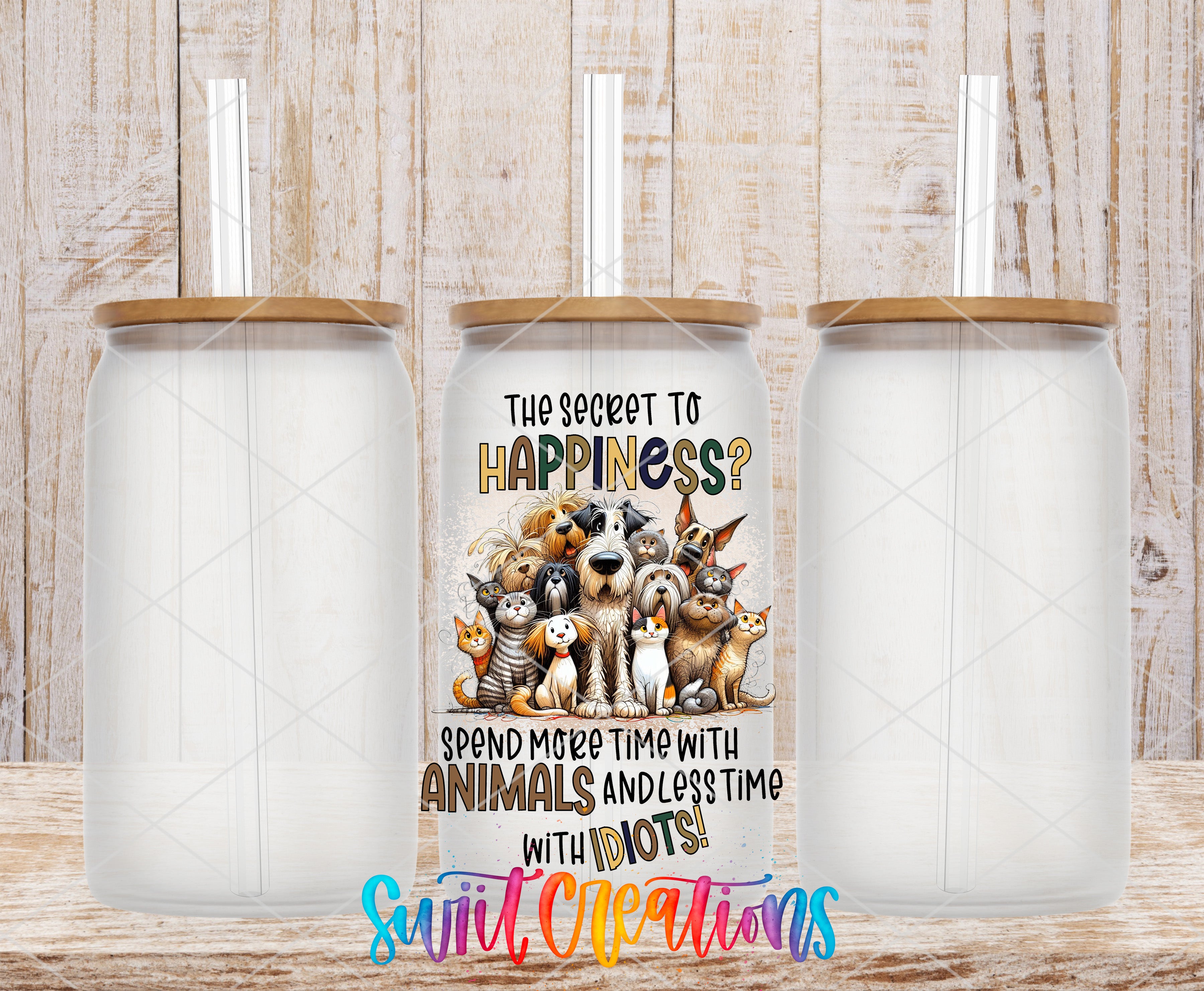 Swiit Creations UV DTF Sassy Fur Mama Dog Mom transfer shown on a clear glass can set