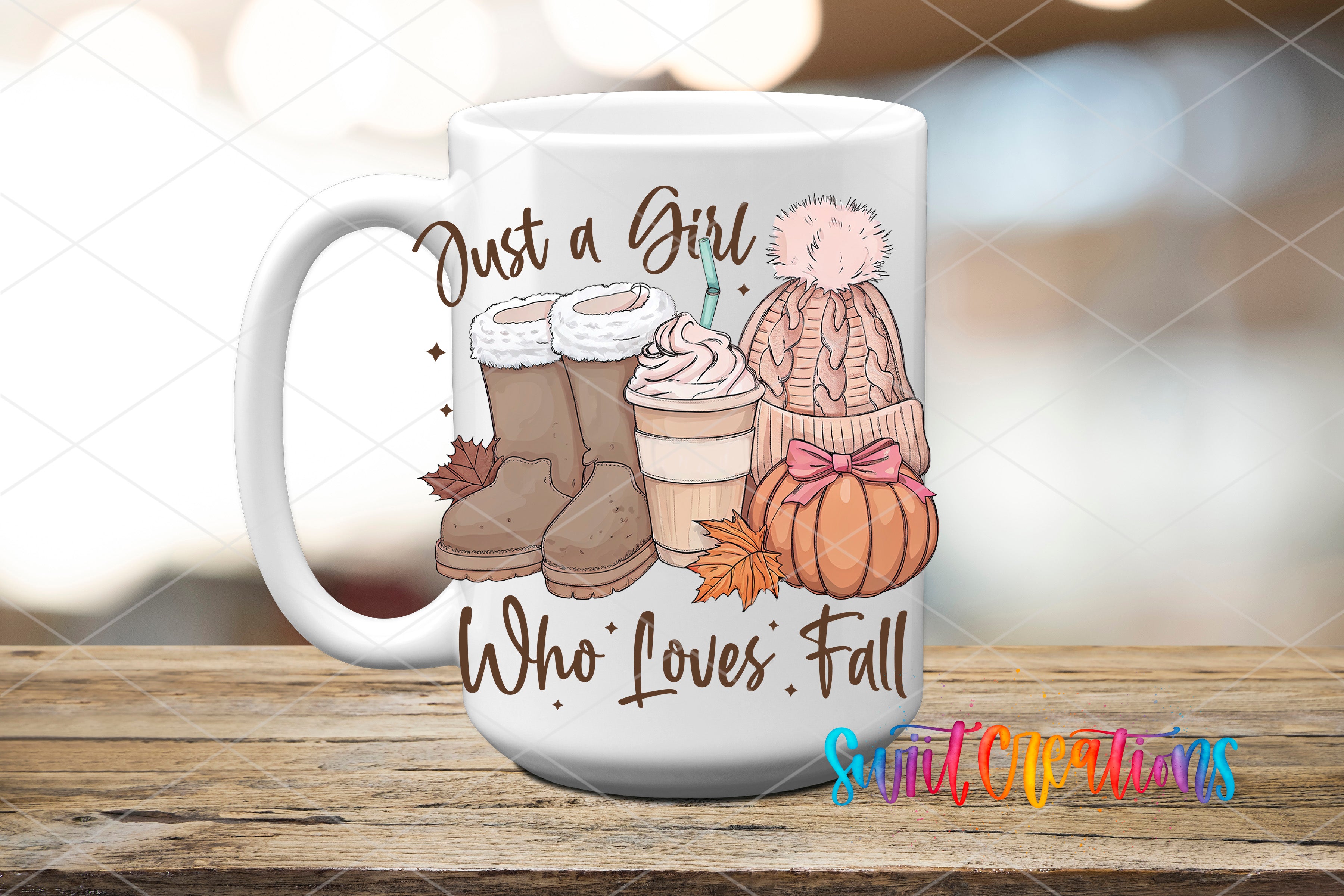A white mug with a printed design featuring winter-themed items such as boots, a pumpkin, and a cup of coffee, along with the text "Just a Girl Who Loves Fall".
