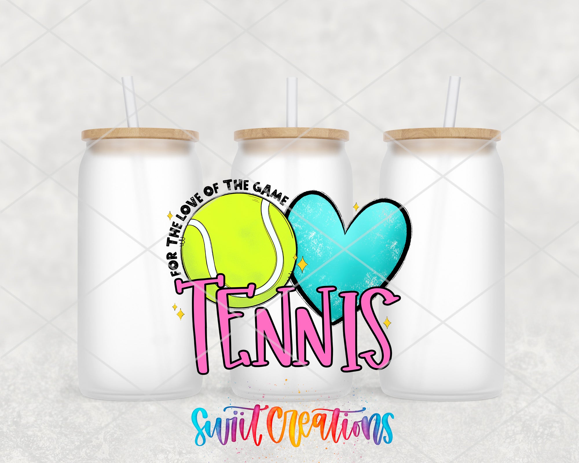 three white canisters with straws, each containing a tennis ball and a heart, arranged in a row. The text "Tennis" is prominently displayed in the center of the image.