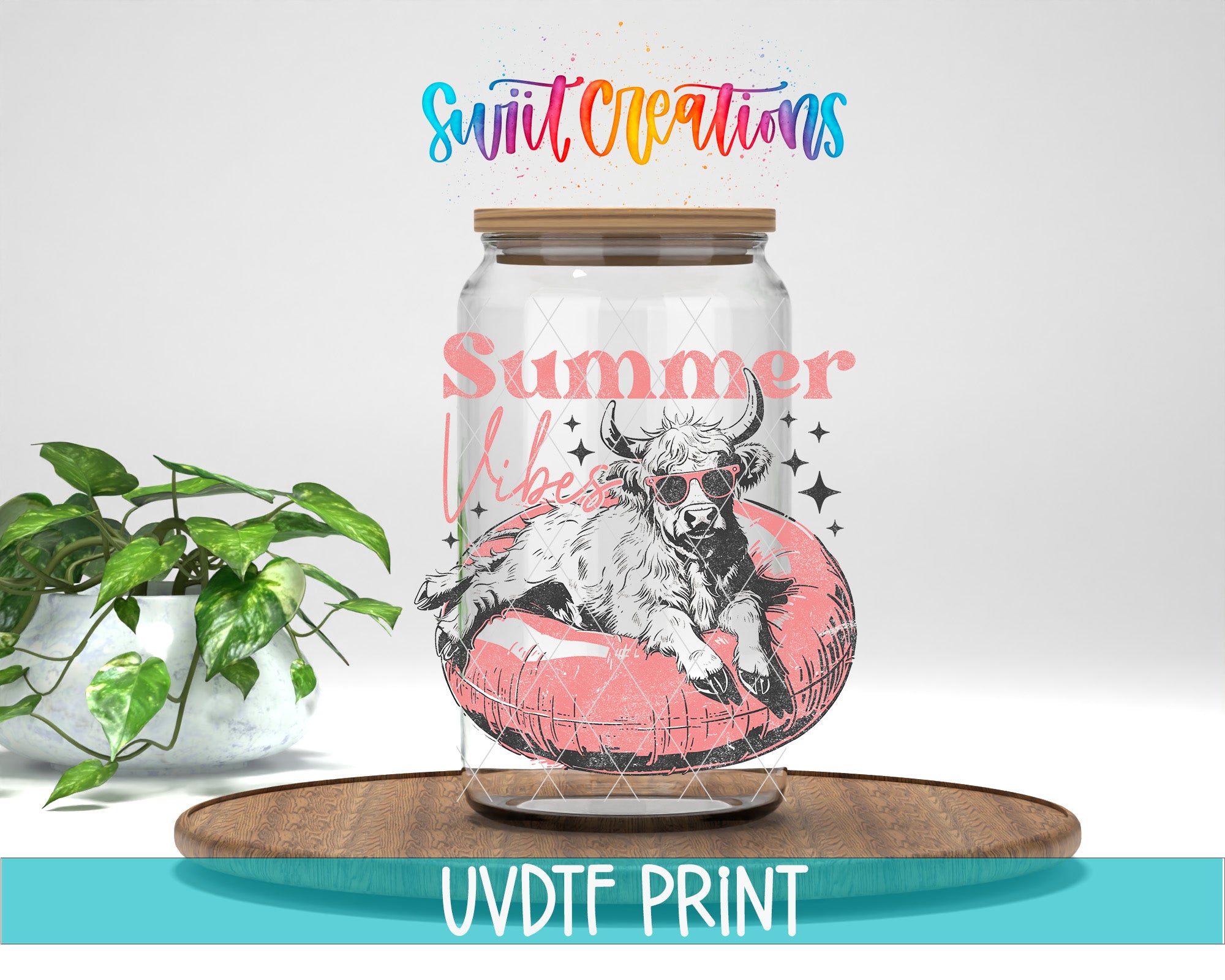 A glass jar with a cartoon bull wearing sunglasses and resting on a red inner tube, placed on a wooden surface.