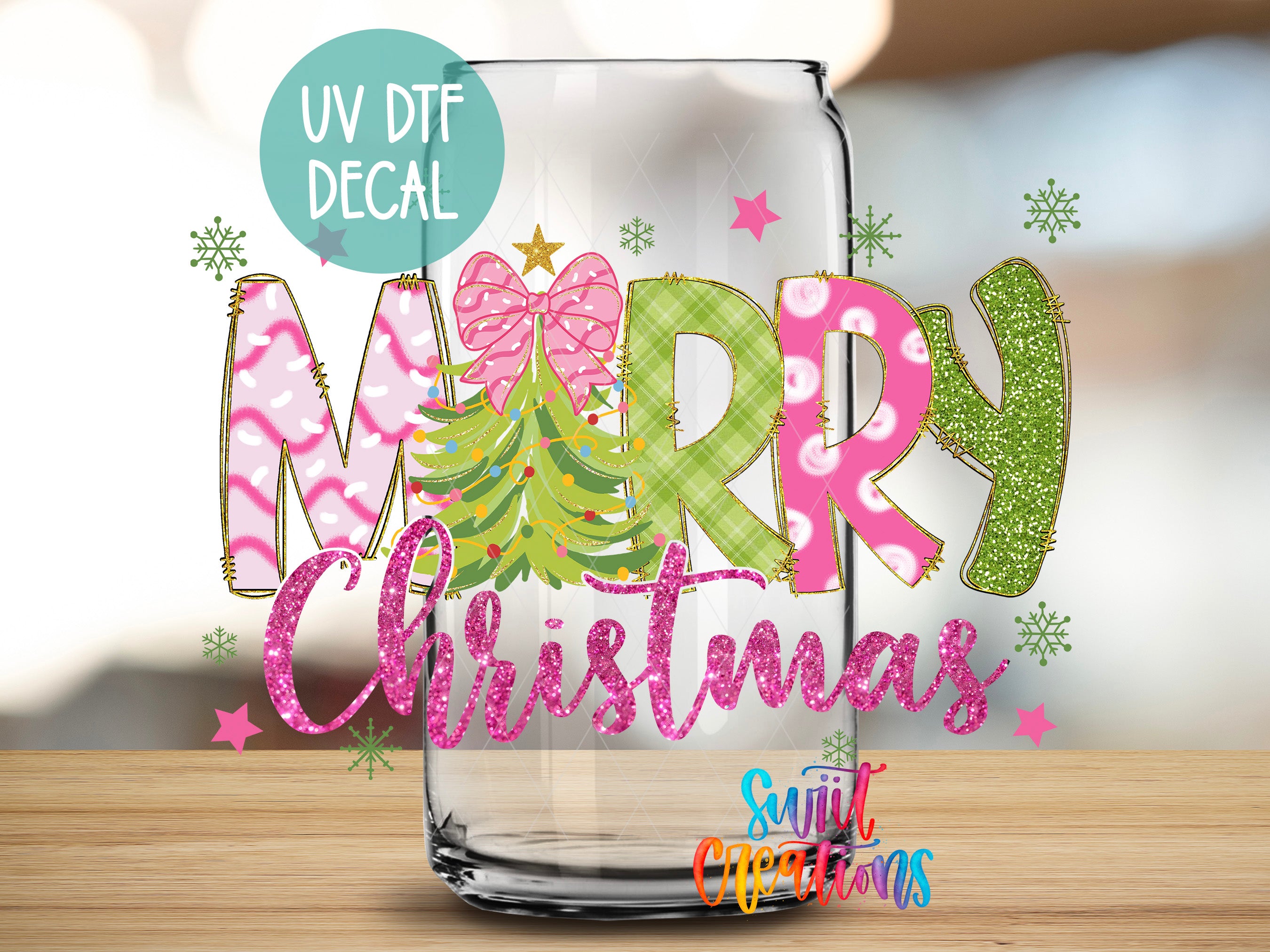 a glass jar with a festive Christmas-themed design, including the text "Merry Christmas" and various decorative elements such as snowflakes and stars.