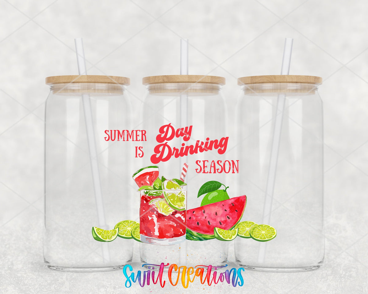 Summer Is Day Drinking Season UV DTF wrap on three glass cans