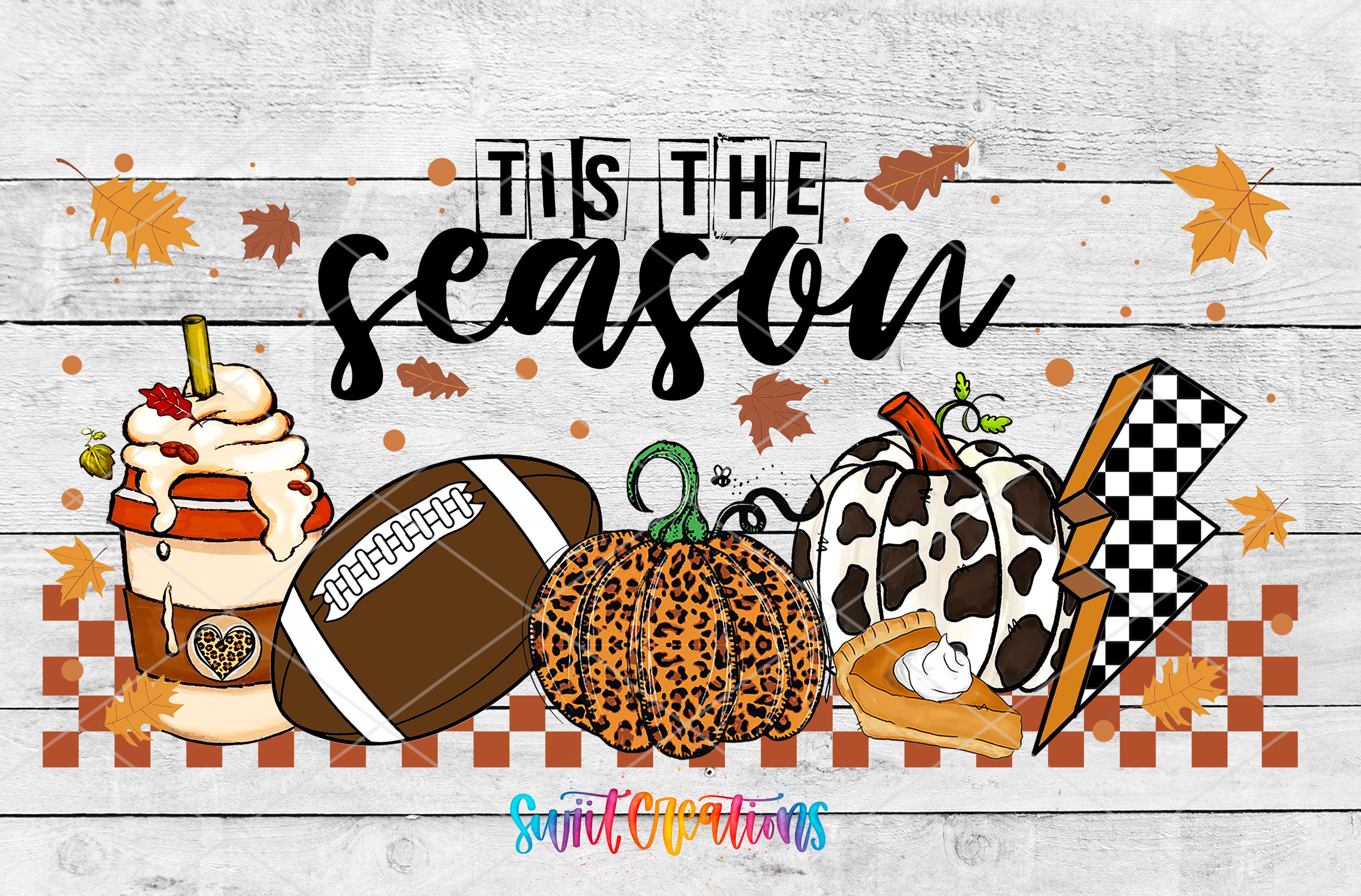 The image is a collage of various fall-themed items, including a football, a pumpkin, a milkshake, a checkered flag, and a pie, all set against a white wooden background with autumn leaves scattered around. The text "Tis the season" is prominently displayed in the center of the image.