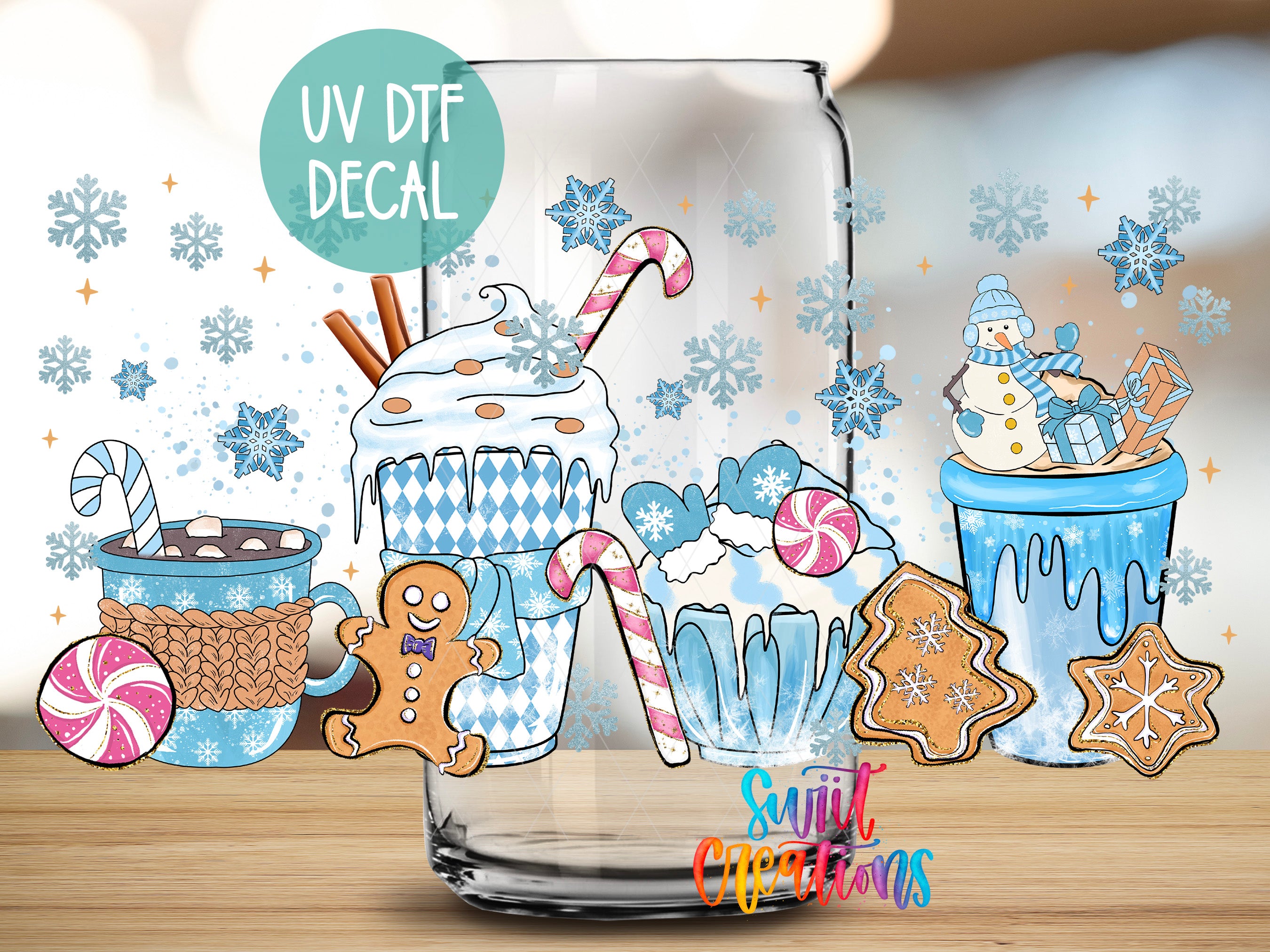 a glass with a picture of a cupcake and other treats