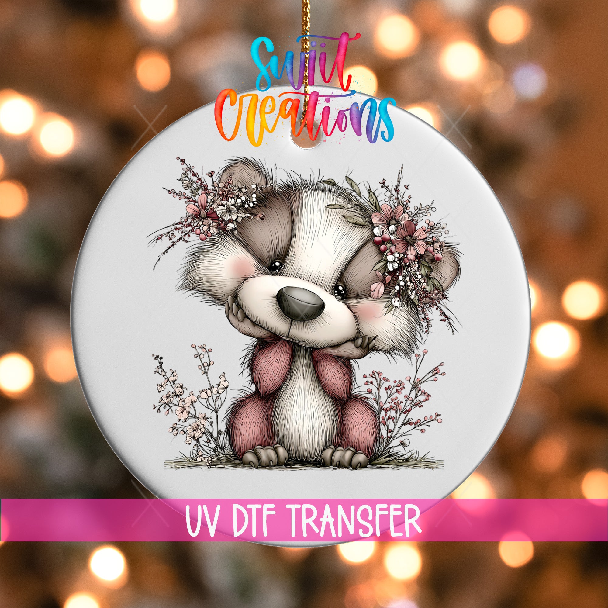 A ceramic ornament featuring a cute cartoon badger with flowers on its head, set against a blurred background with colorful lights.