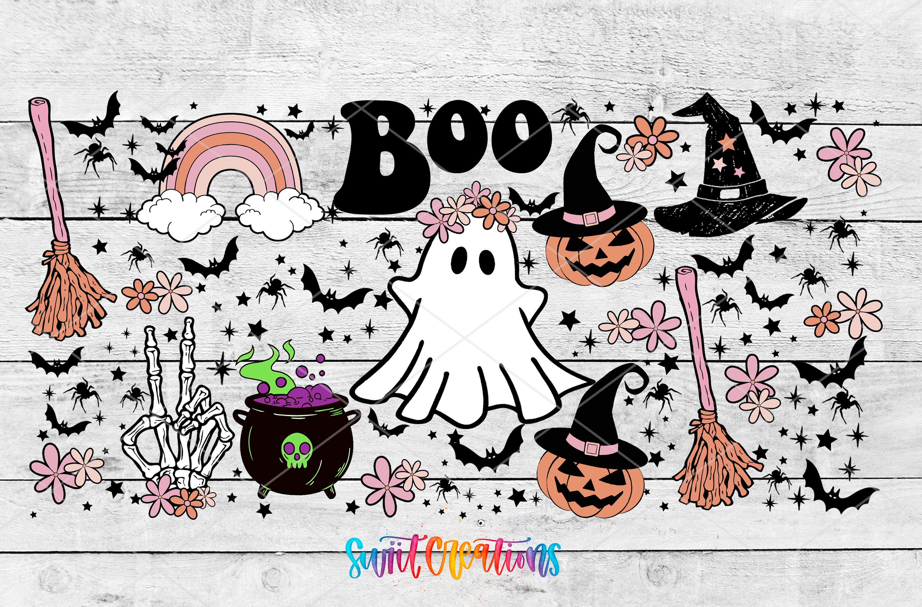 The image is a collage of Halloween-themed illustrations, including a ghost, a witch's hat, a pumpkin, a broomstick, a cauldron, a skeleton, a rainbow, and various bats and flowers. The word "BOO" is prominently displayed in the center of the image.