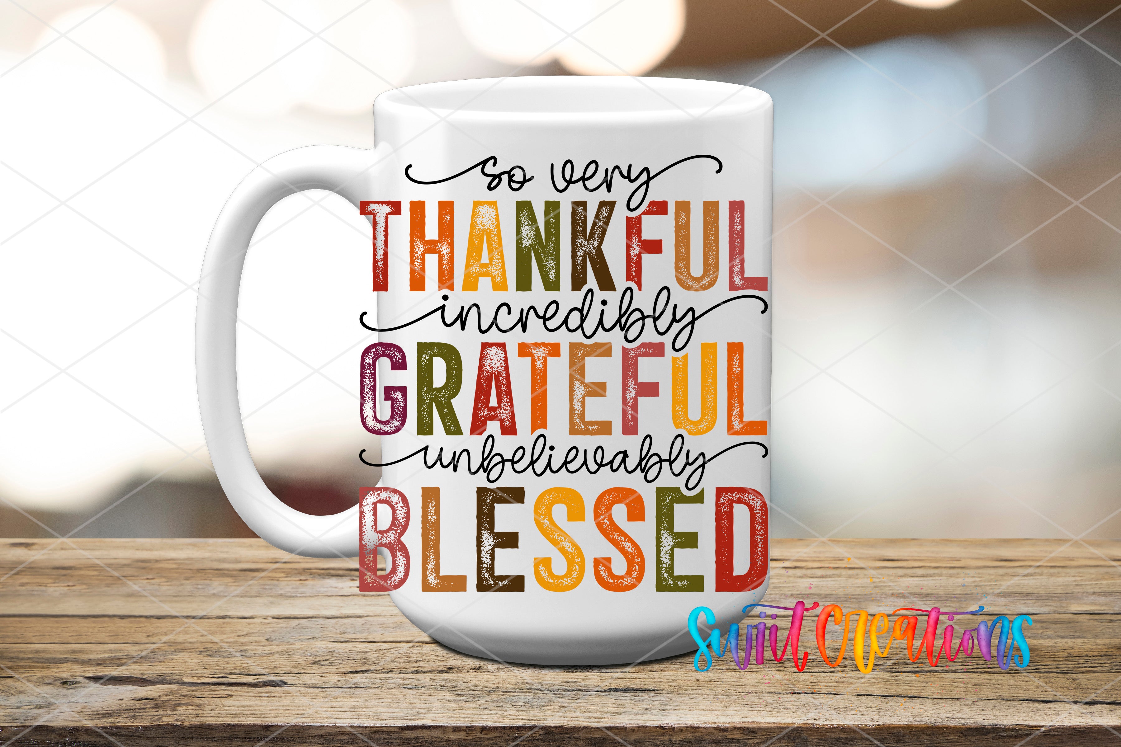 Swiit Creations UV DTF Thankful Grateful Blessed transfer applied to a white ceramic mug