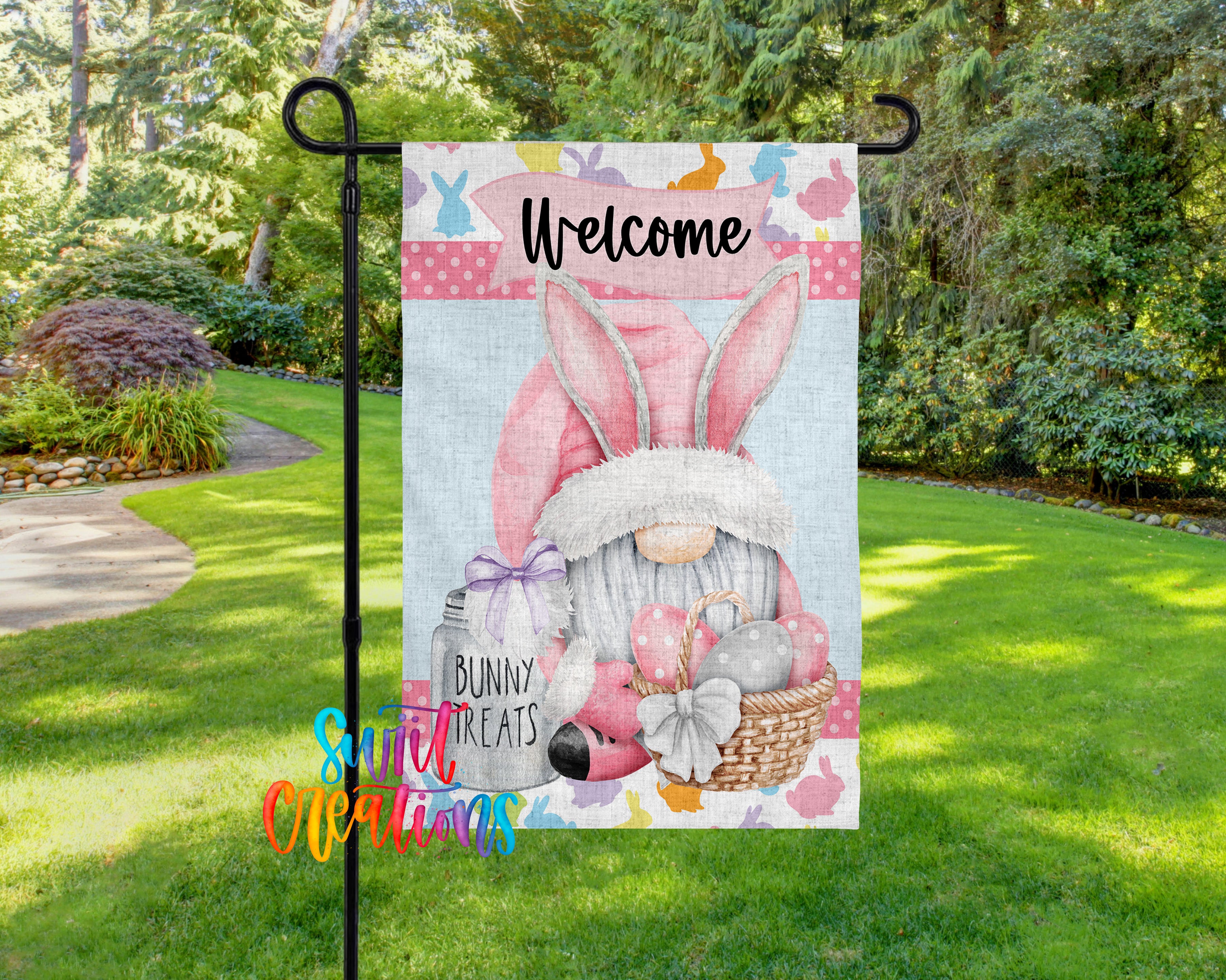 A garden sign featuring a cartoon gnome holding a basket of Easter treats, with the text "Welcome" and "Bunny Treats" displayed.