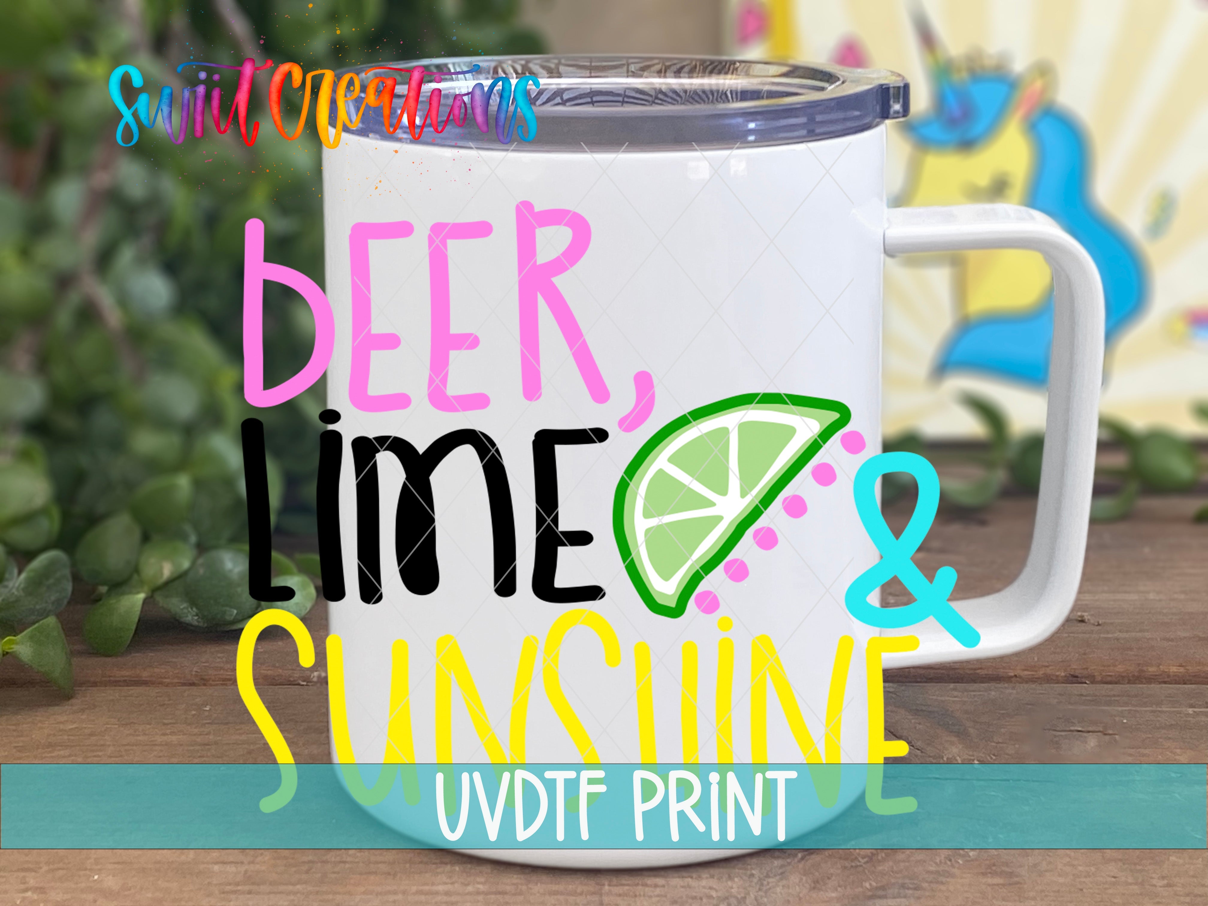 a white coffee mug with the words beer lime and sunshine on it