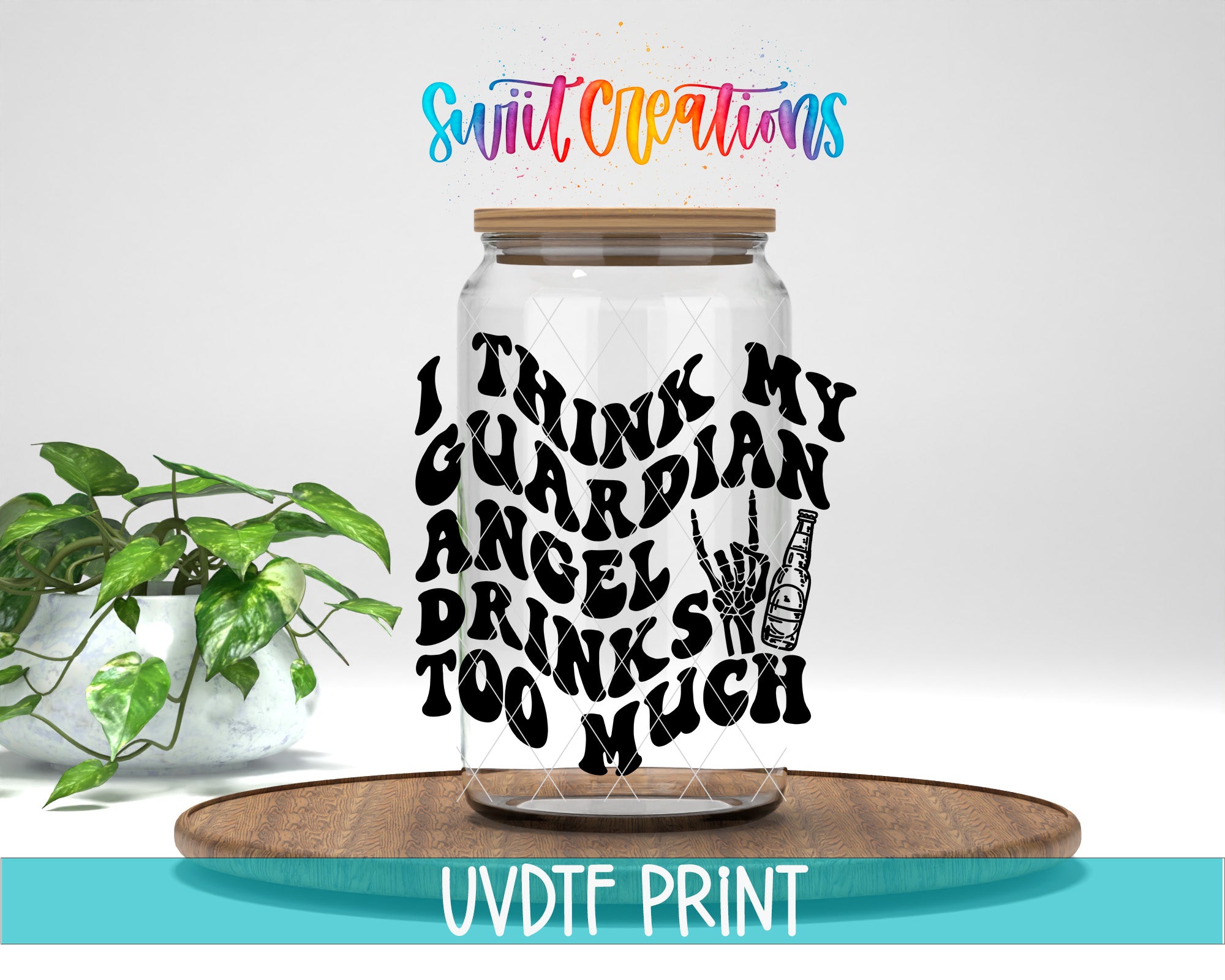 a glass jar with a hand-drawn design on it, placed on a wooden surface. The design includes text and a hand holding a beer bottle.