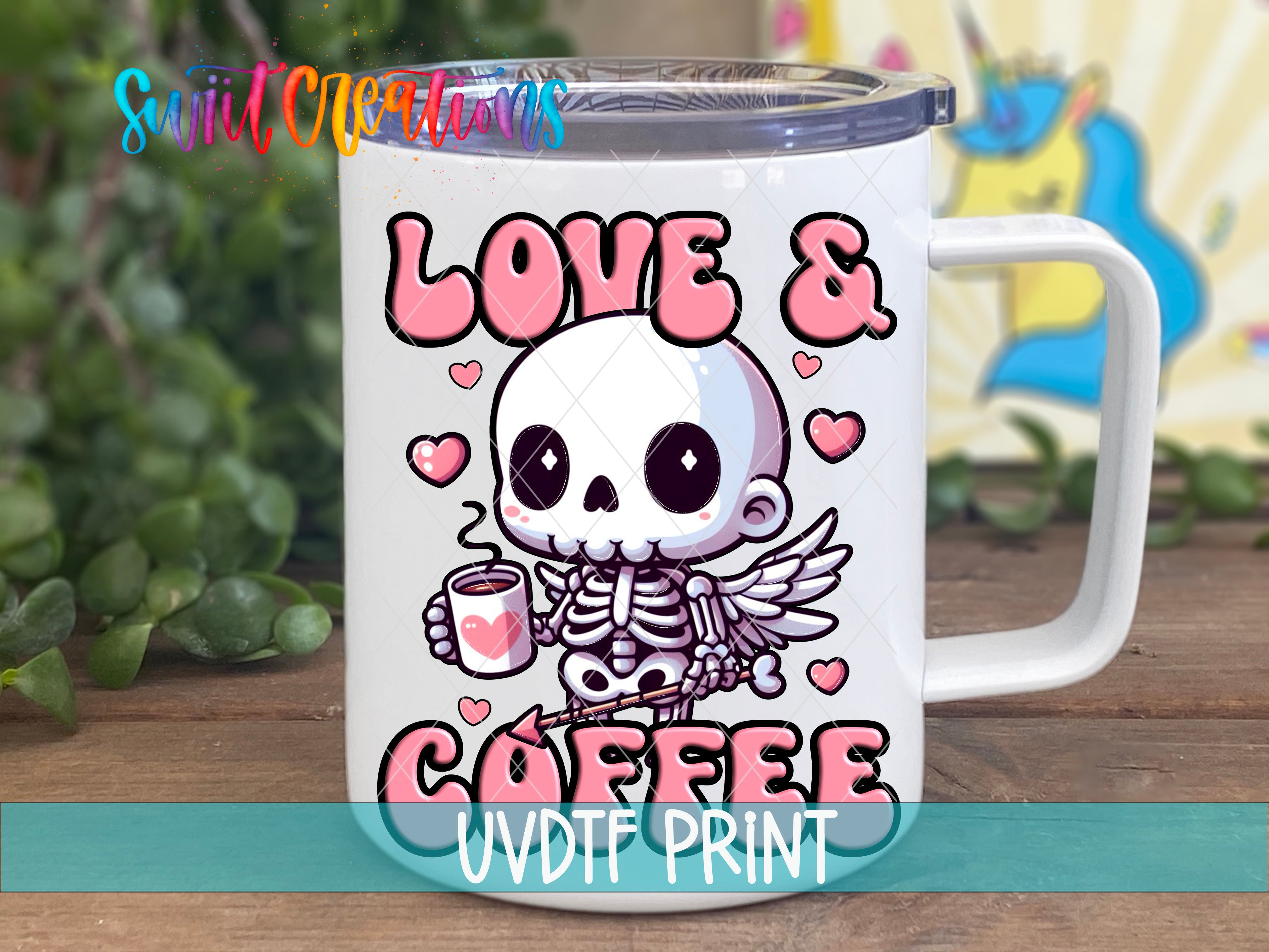 a white coffee mug with a skeleton holding a cup of coffee