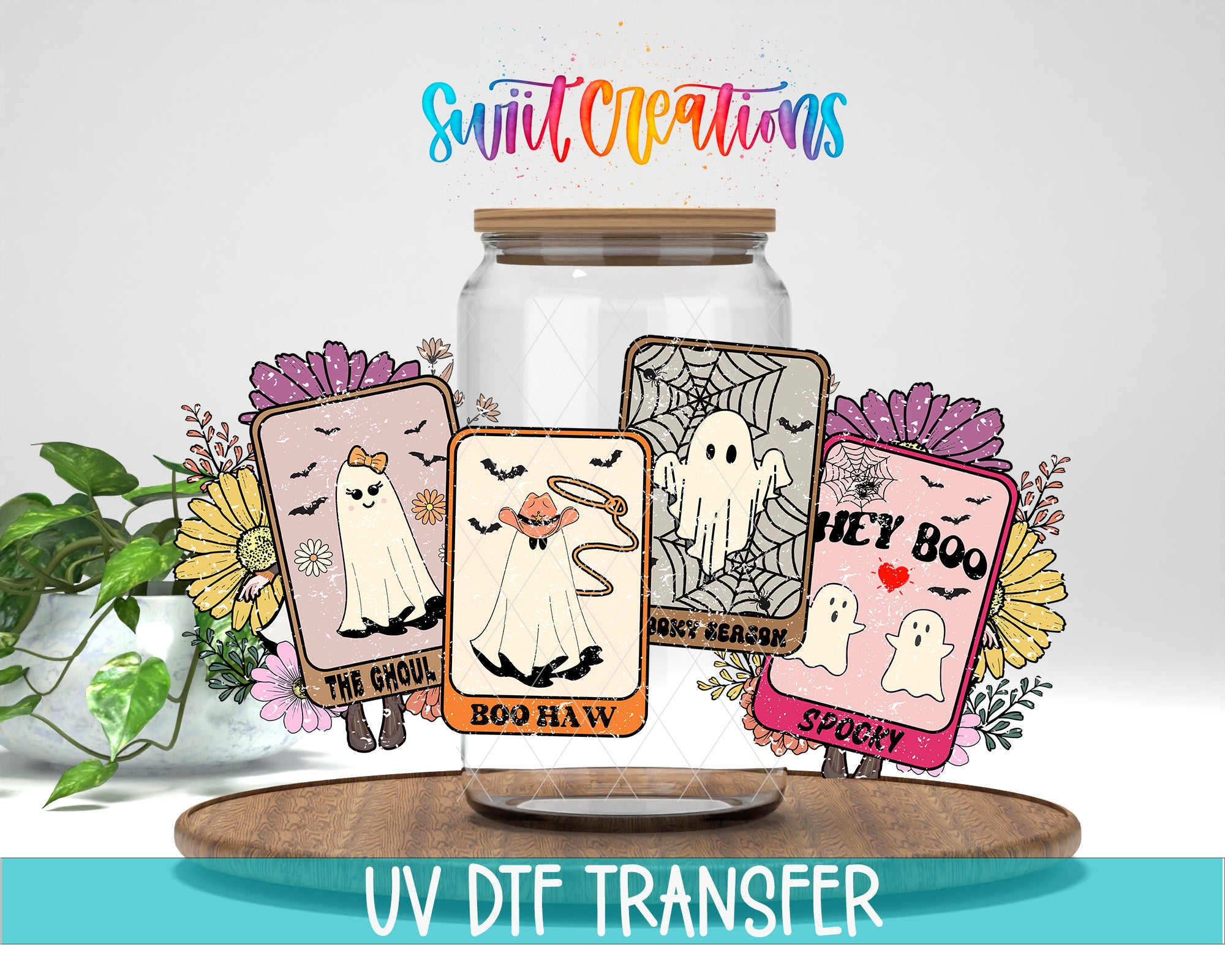 The image is a Halloween-themed collage featuring various spooky and ghost-related illustrations, including a ghost, a spider, and a ghostly figure. The collage is displayed in a glass jar, and the text "Swit Creations" is written above it.