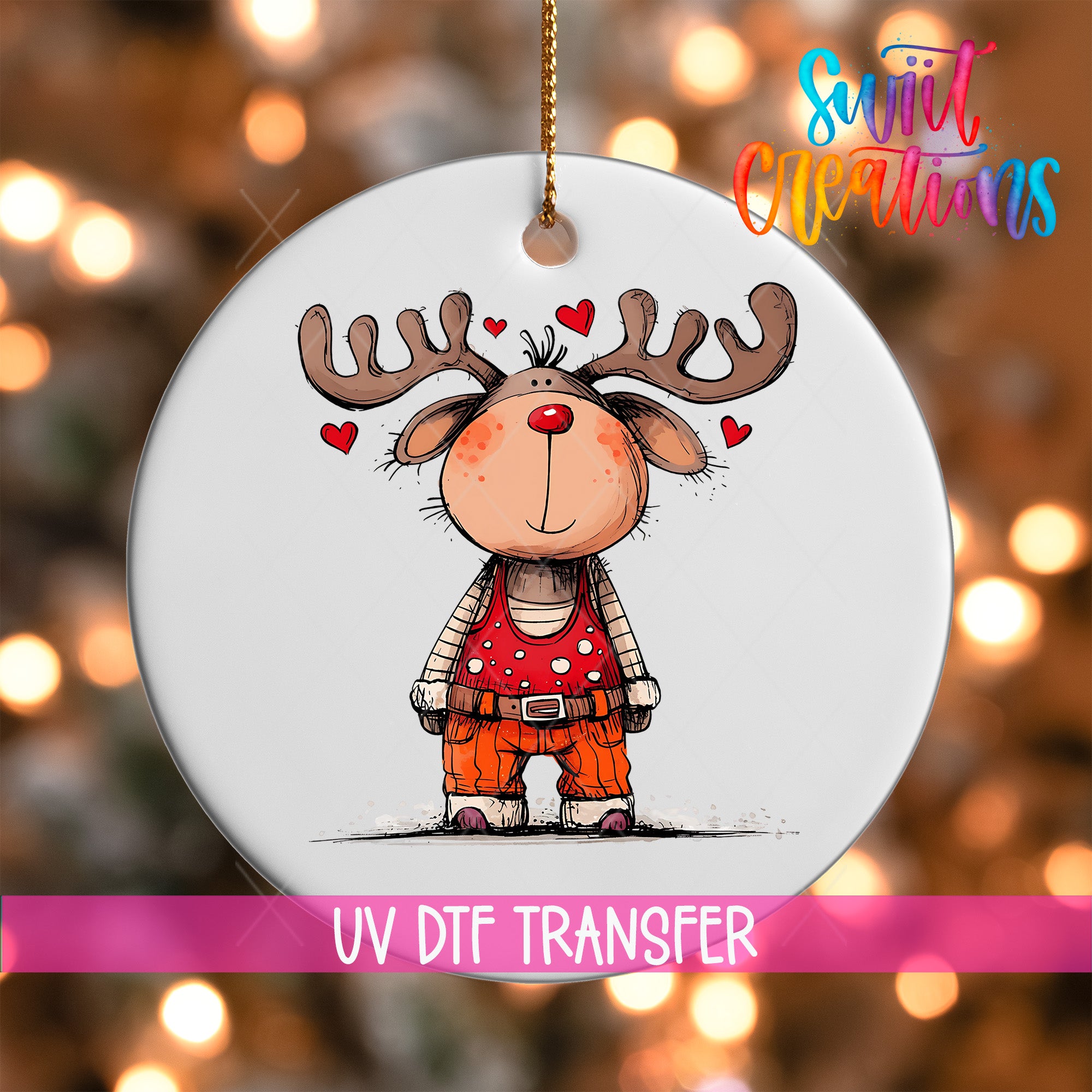 A white ornament with a cartoon reindeer wearing a red shirt and orange pants, surrounded by hearts, and the text "UV Dtf Transfer" below it.