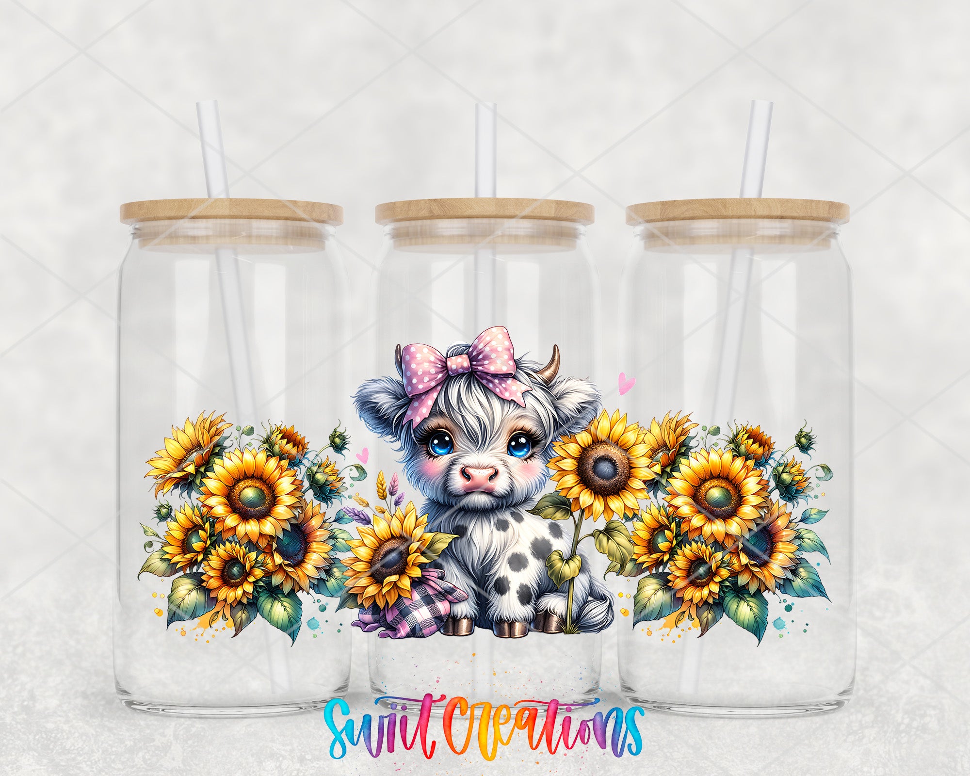 a cow with a bow on its head, surrounded by sunflowers, in a glass jar with a straw lid.