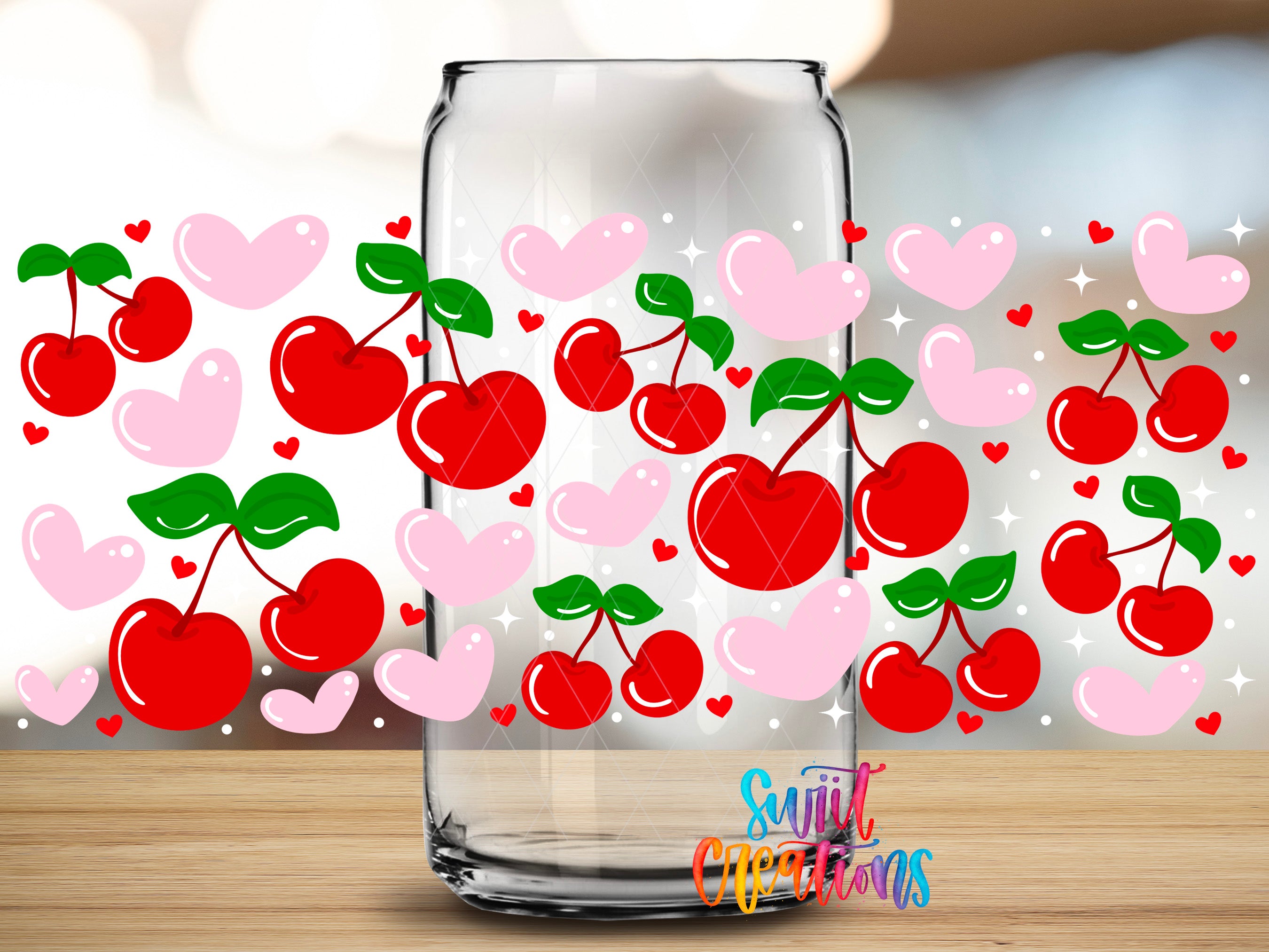 a clear glass jar filled with red cherries and hearts, creating a visually appealing and festive design.