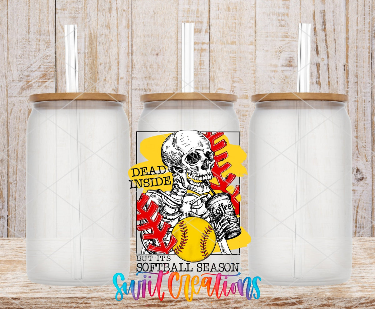 Dead Inside But It's Softball Season UV DTF transfer on frosted glass cans with bamboo lids
