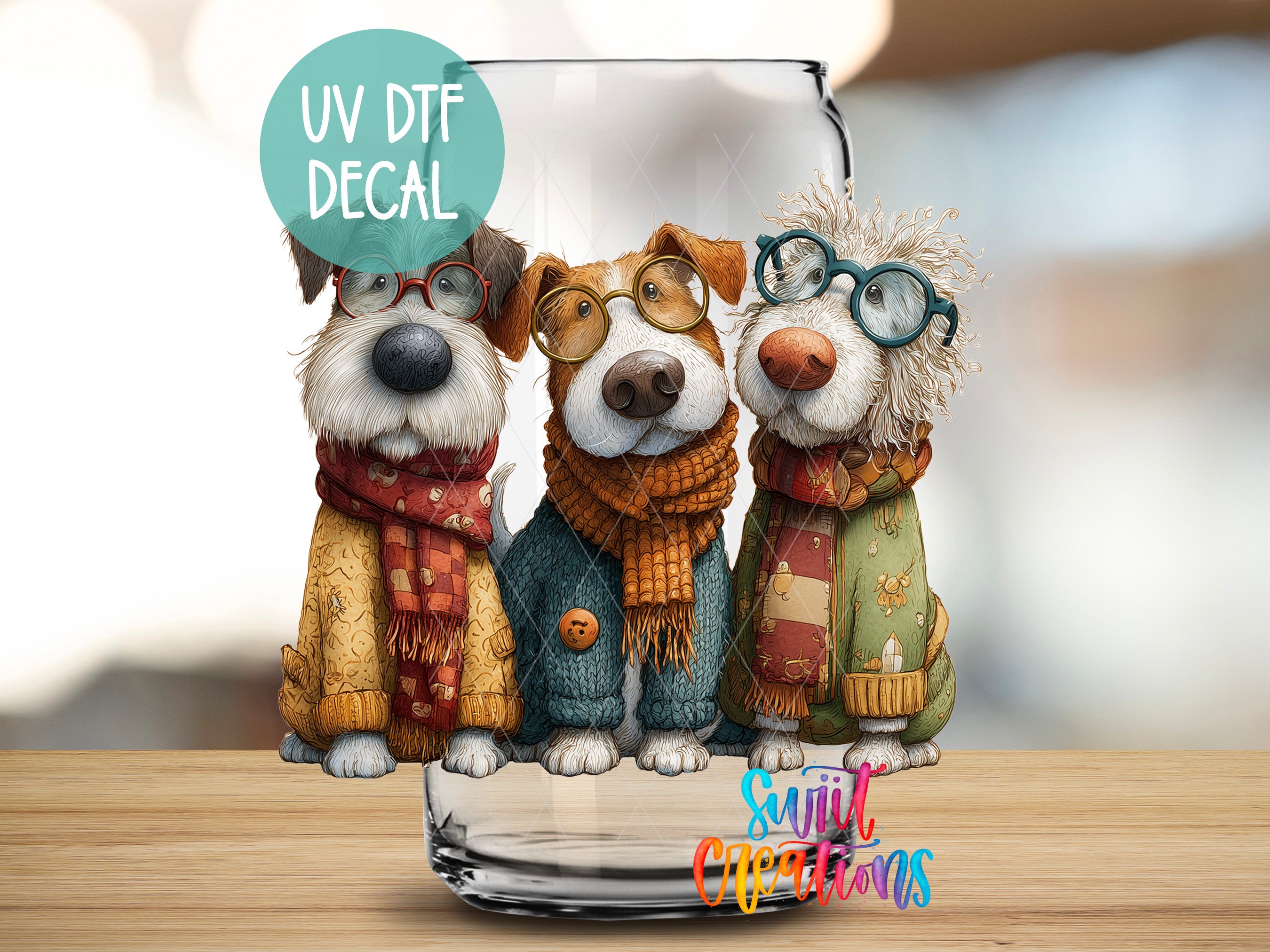 Three cartoon dogs wearing glasses and colorful scarves are sitting together in a glass jar.