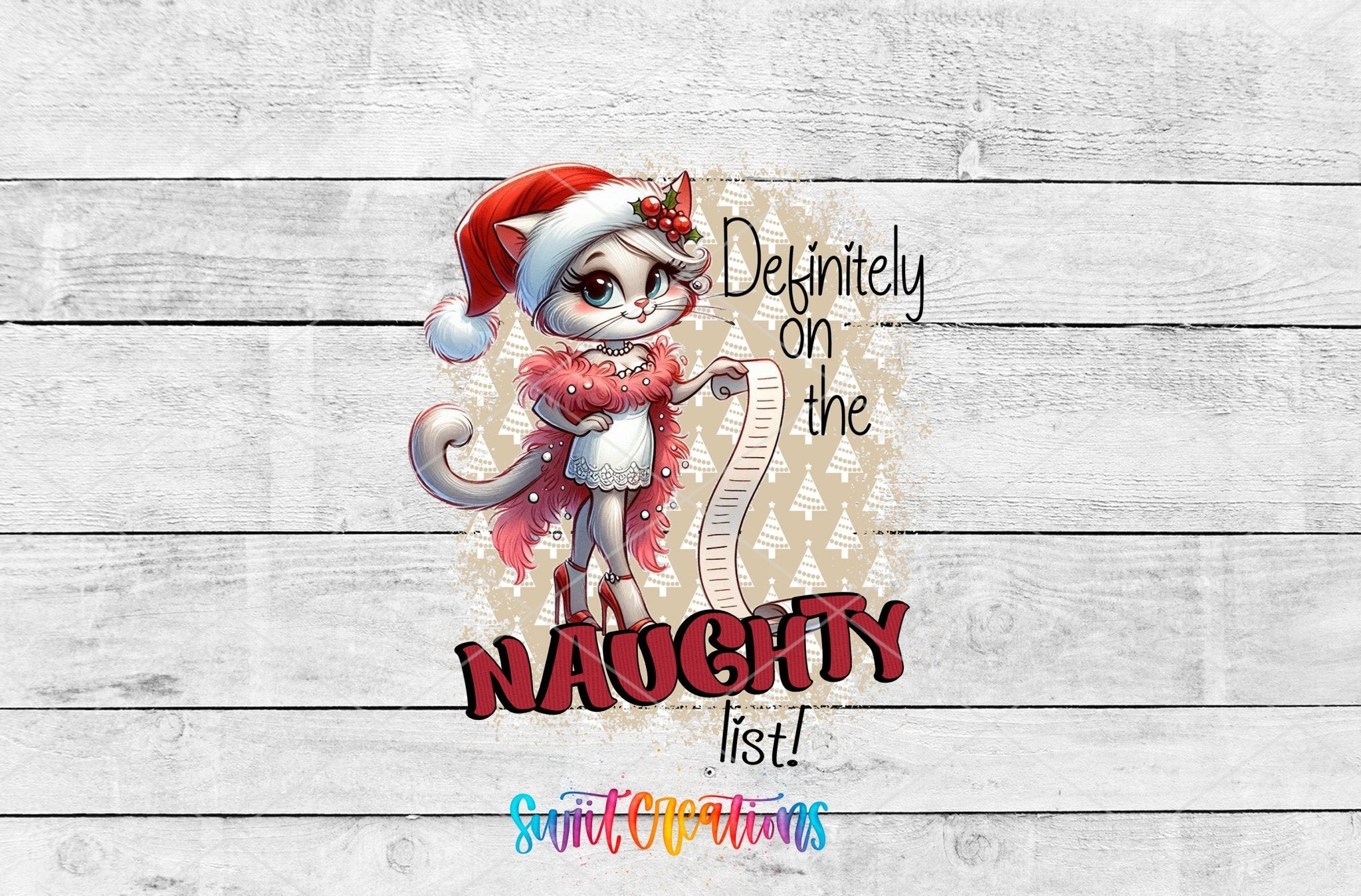 Swiit Creations UV DTF Naughty List Christmas Cat transfer applied to a clear glass can
