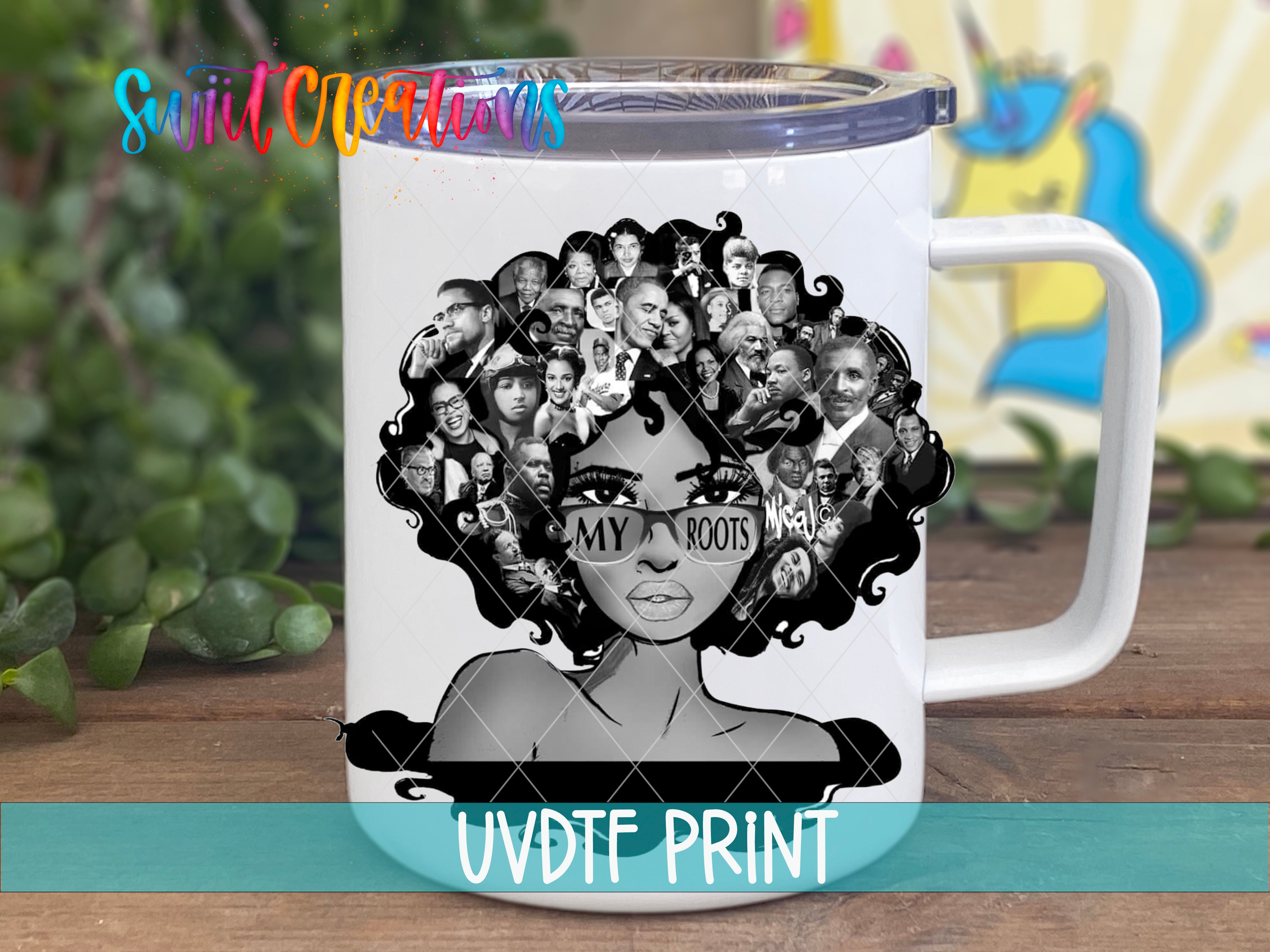 a white coffee mug with a black woman's face on it