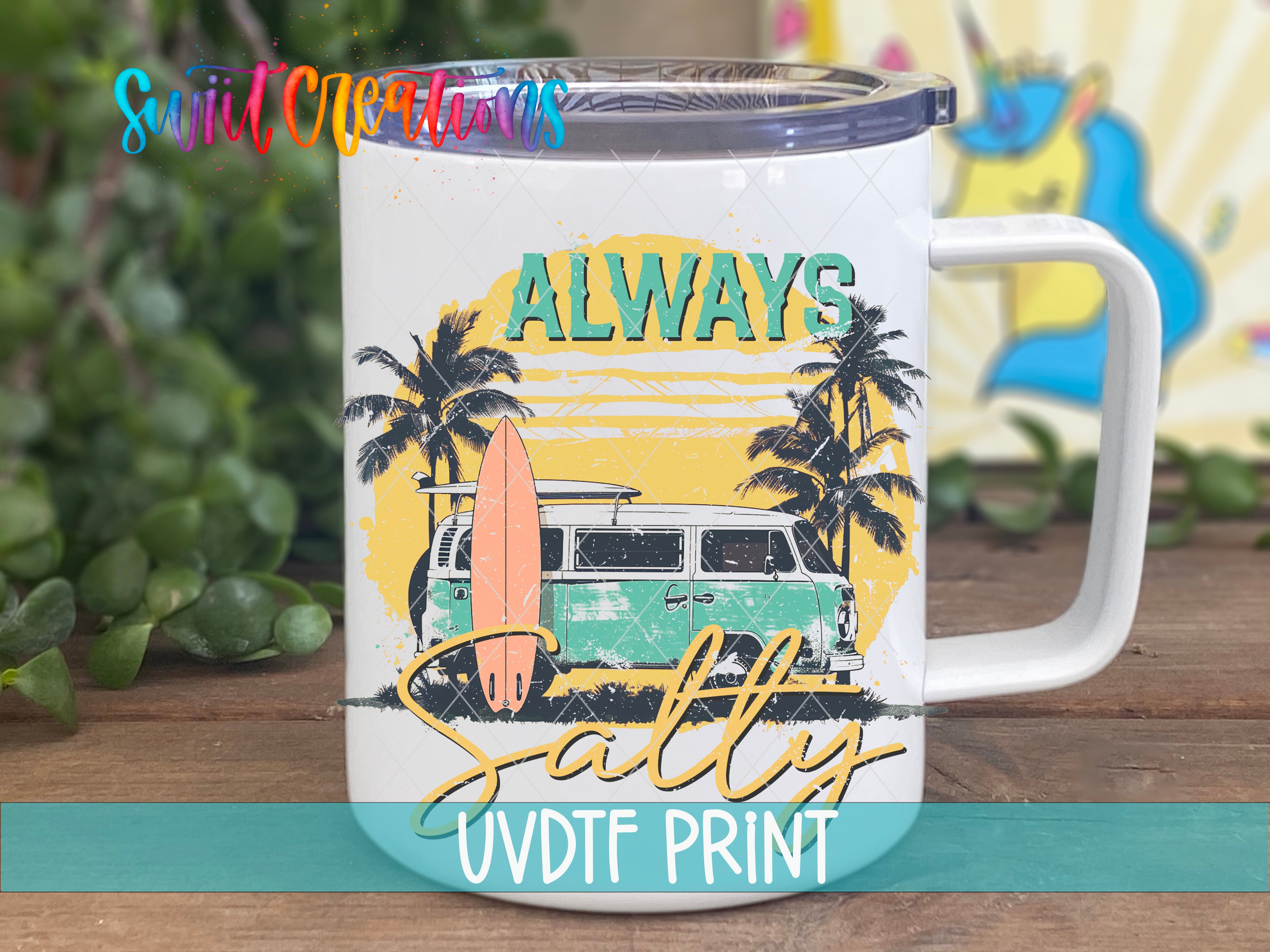 a white coffee mug with a surfboard and palm trees on it