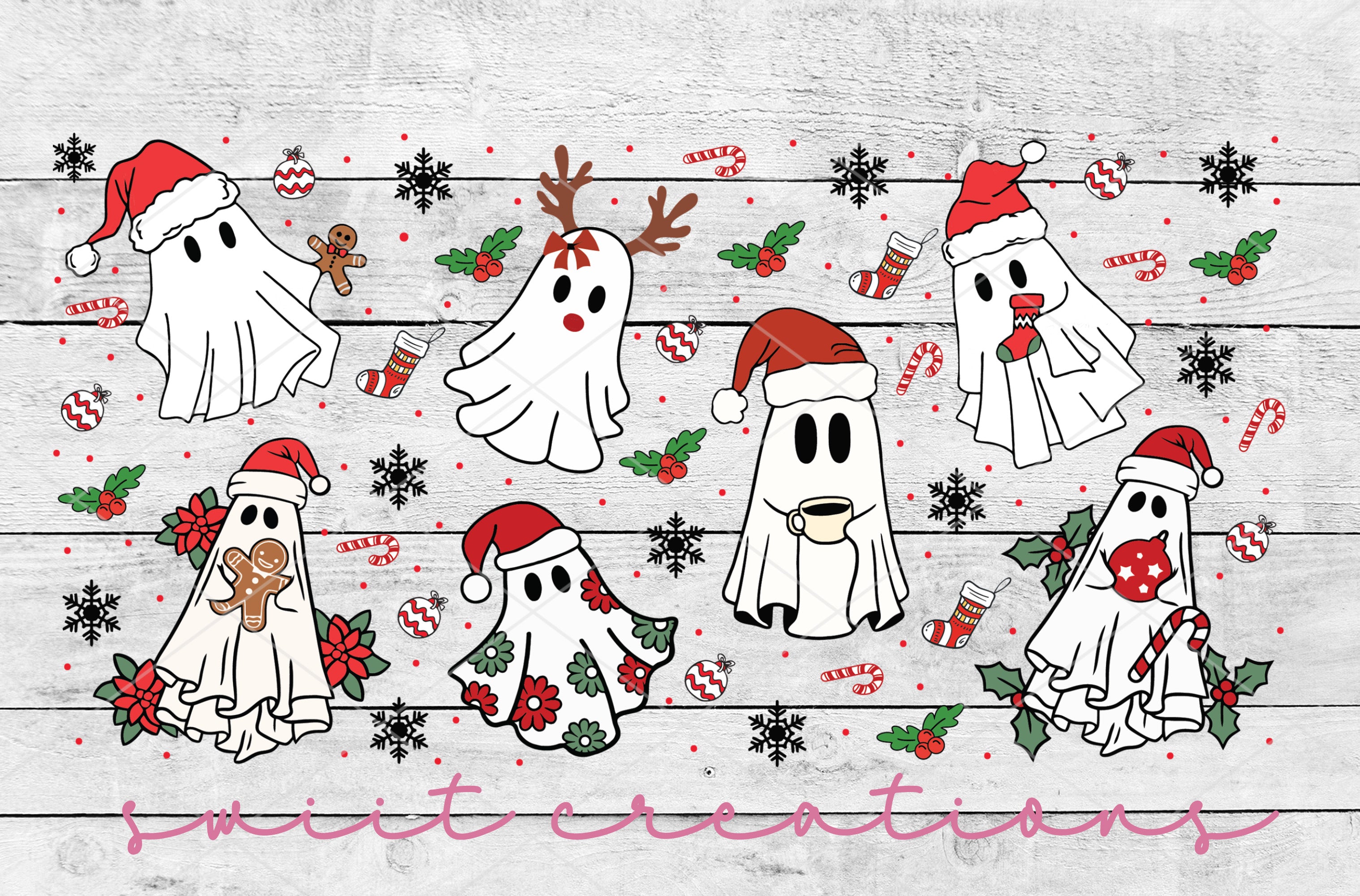 a group of white dogs wearing christmas hats and scarves