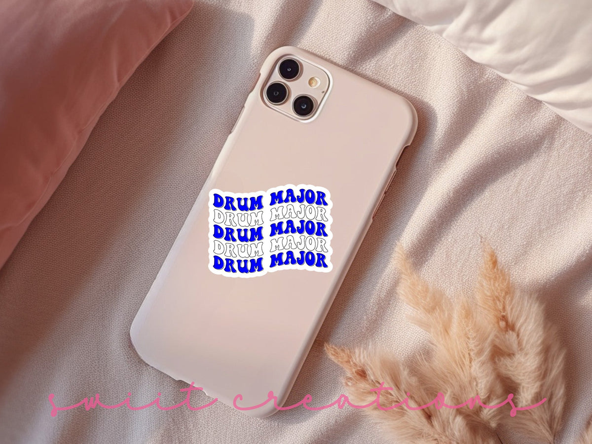Blue and White Drum Major sticker on a pink phone case