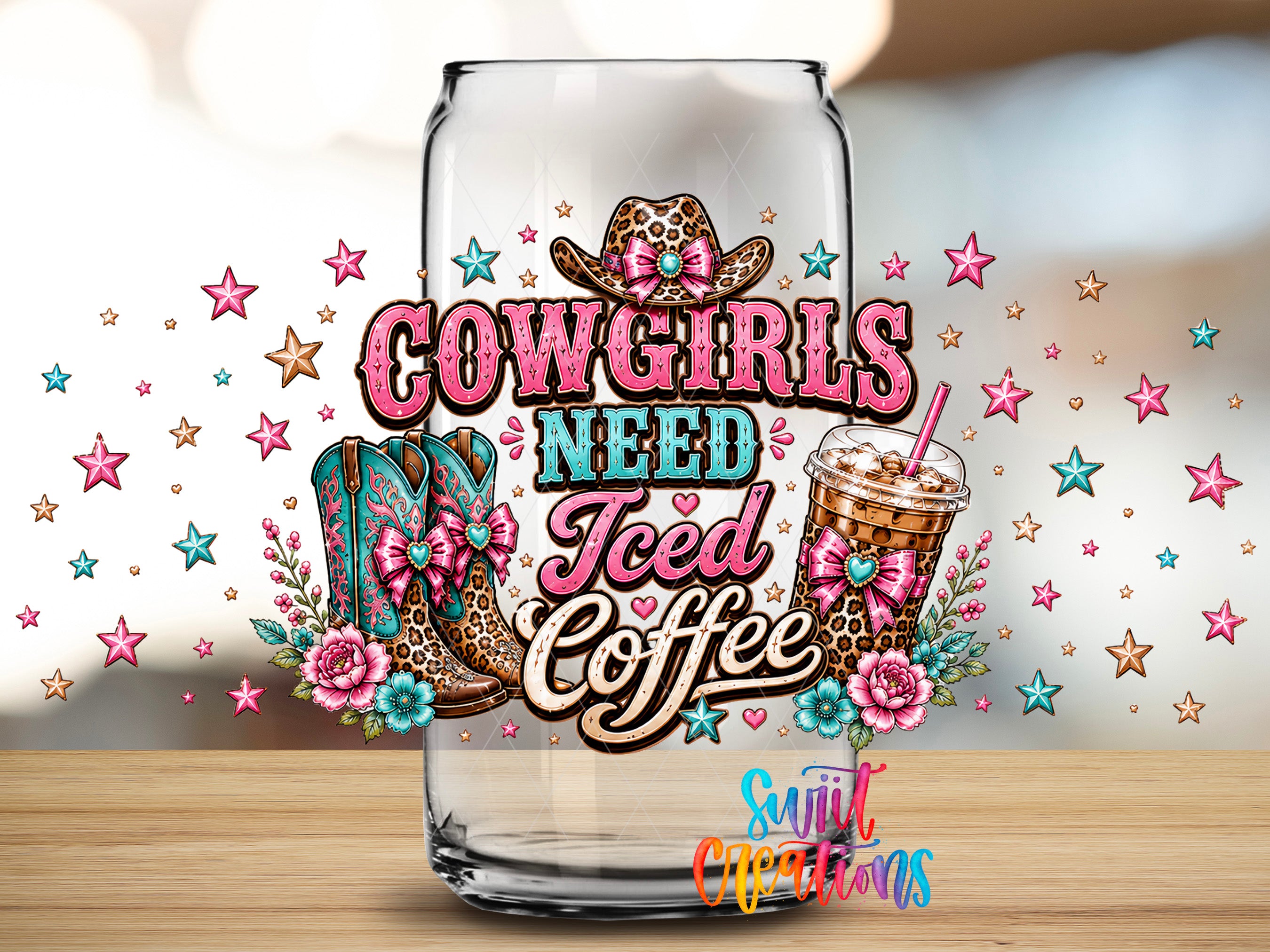 Cowgirls Need Iced Coffee western UV DTF Full Wrap mockup 2