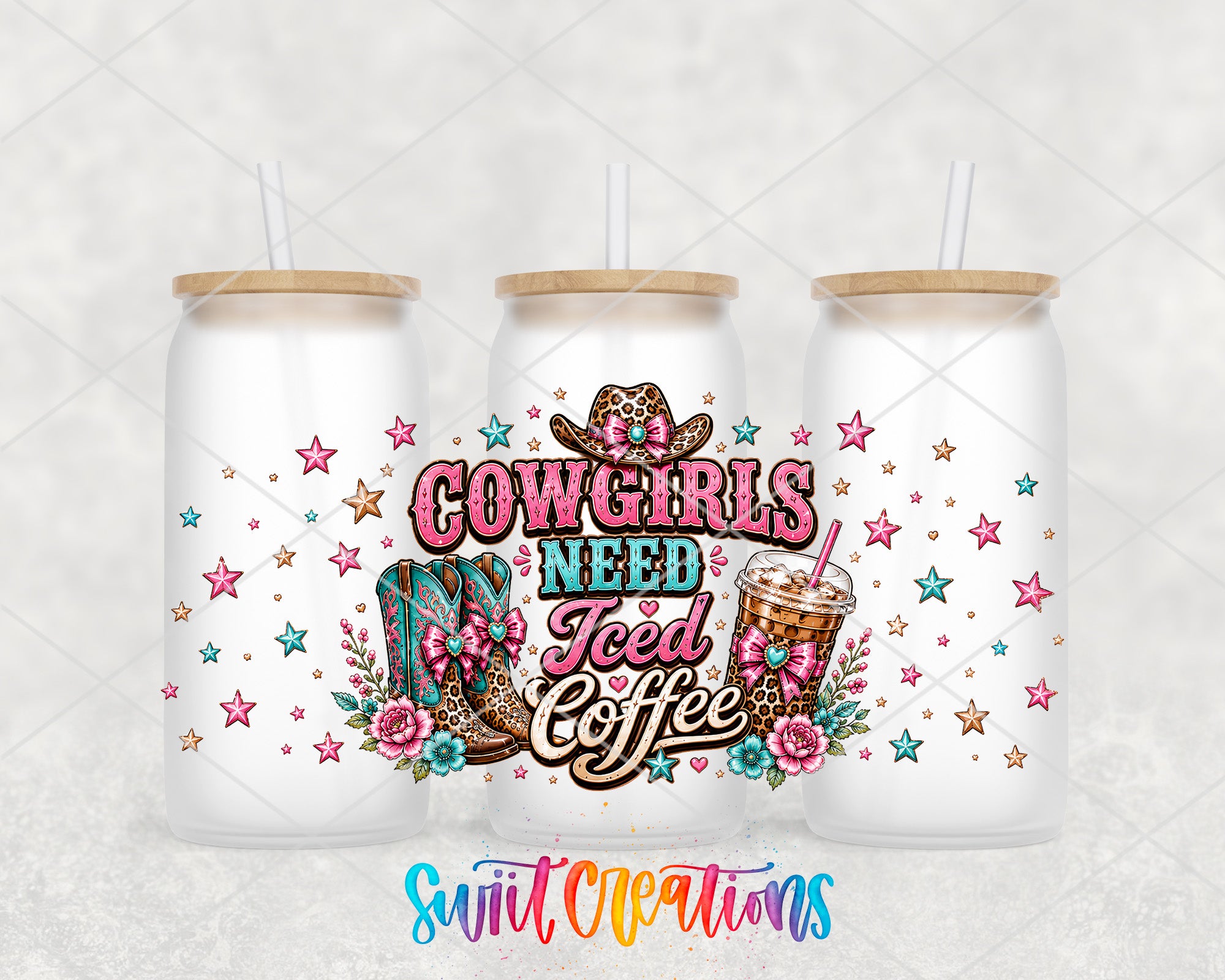 Cowgirls Need Iced Coffee western UV DTF Full Wrap mockup 5